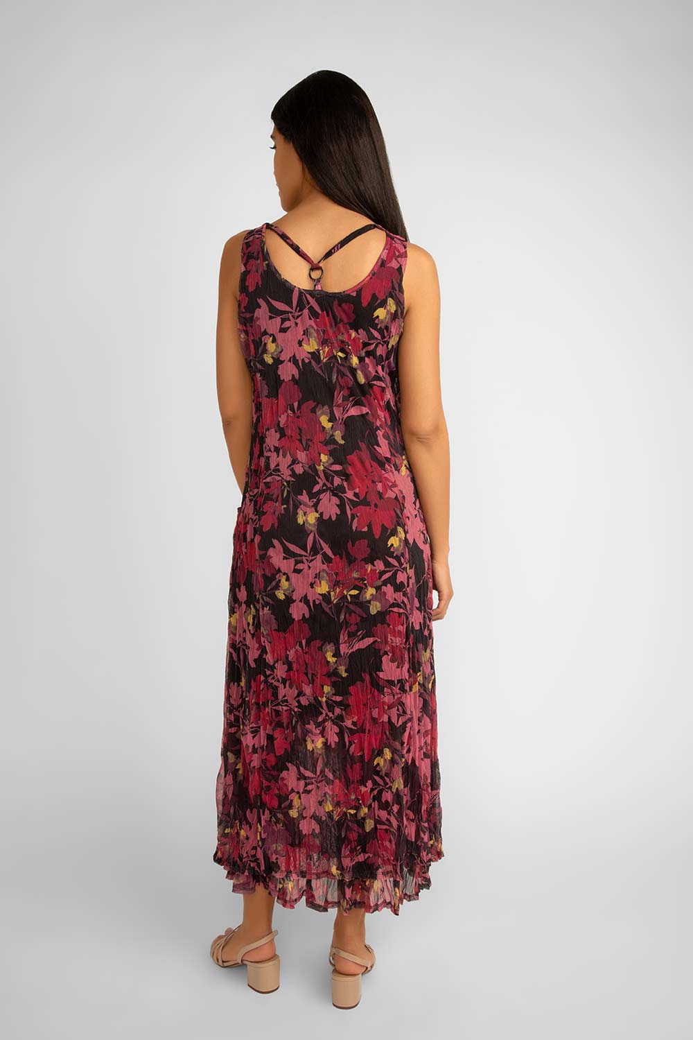 Back view showing strap detail on back on Picadily (jn606lz)Women's Sleeveless Scoop Neck Pink Floral Crinkle Mesh Maxi Dress with Pockets