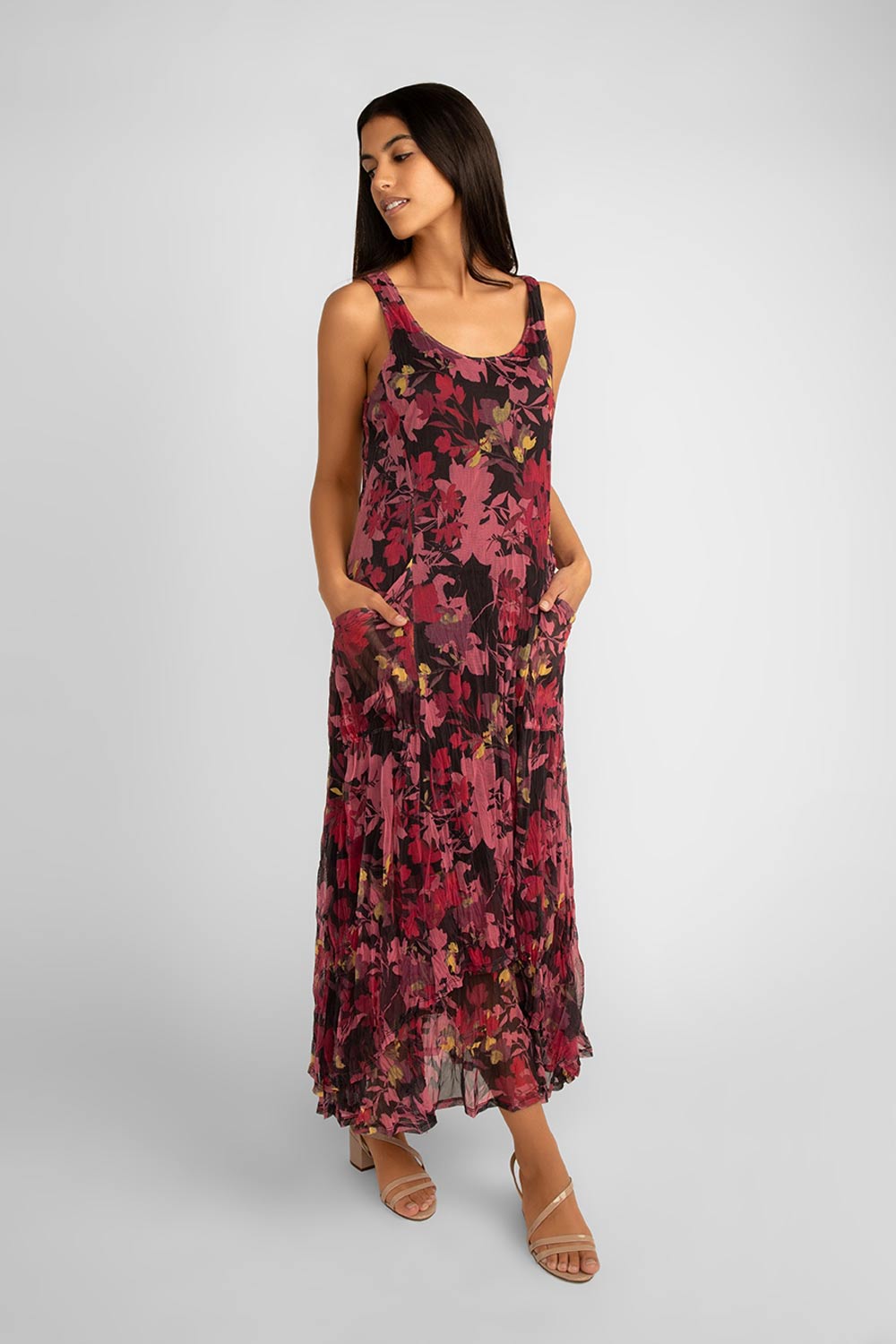 Front view of Picadily (jn606lz)Women's Sleeveless Scoop Neck Pink Floral Crinkle Mesh Maxi Dress with Pockets