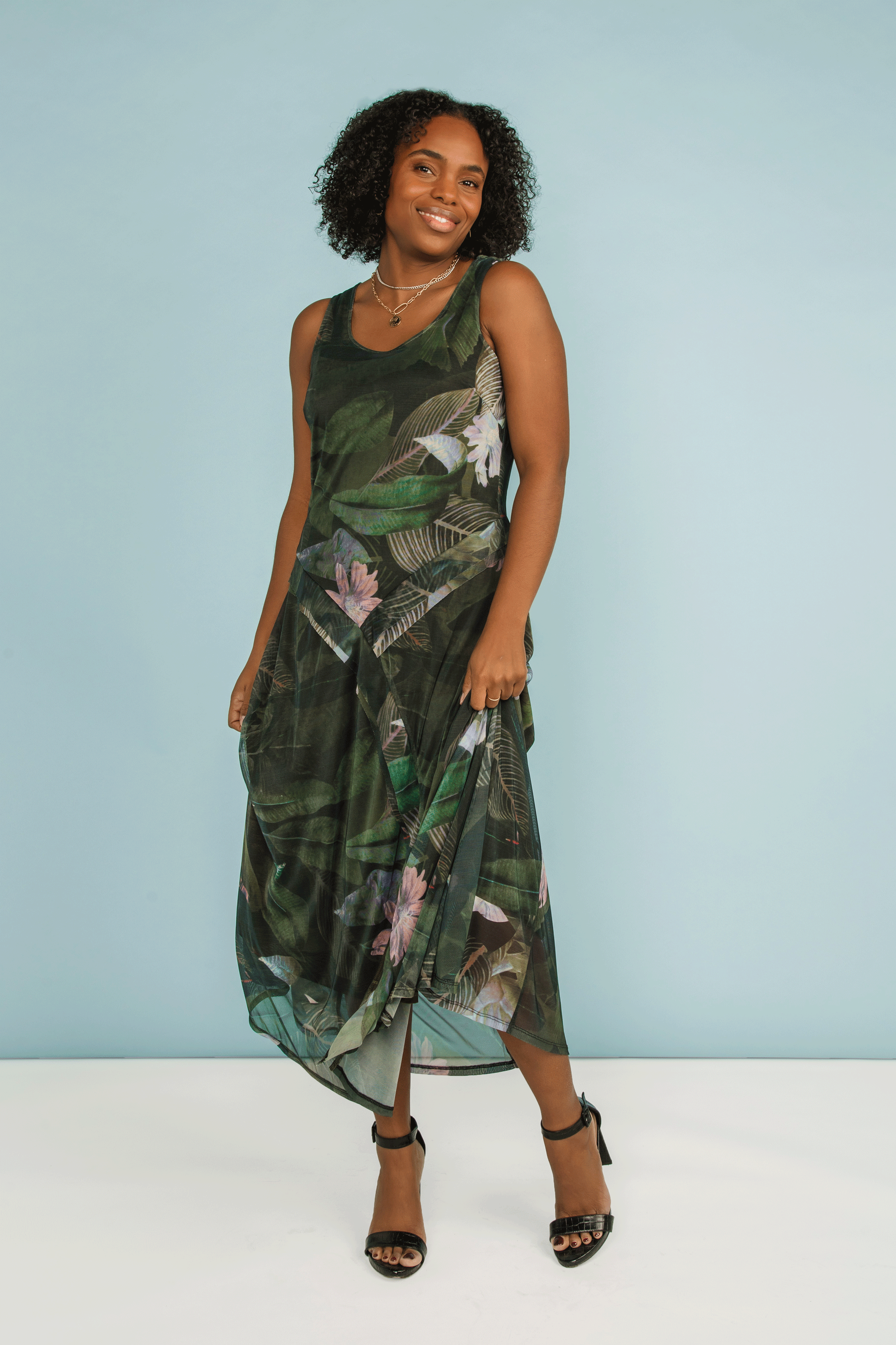 Front view of Picadilly (JN664AK) Women's Sleeveles Printed Mesh Maxi Dress in Dark artichoke green floral 