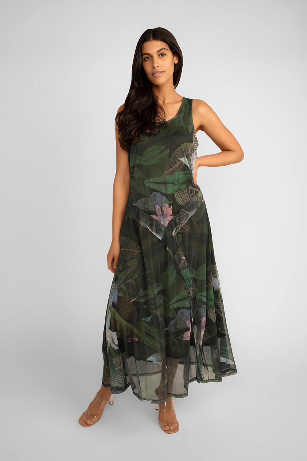 Front view of Picadilly (JN664AK) Women's Sleeveles Printed Mesh Maxi Dress in Dark artichoke green floral 