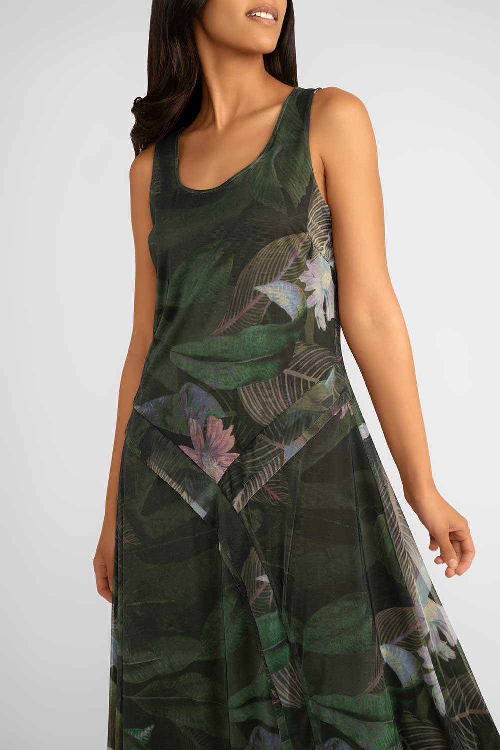 Front close up of Picadilly (JN664AK) Women's Sleeveles Printed Mesh Maxi Dress in Dark artichoke green floral 