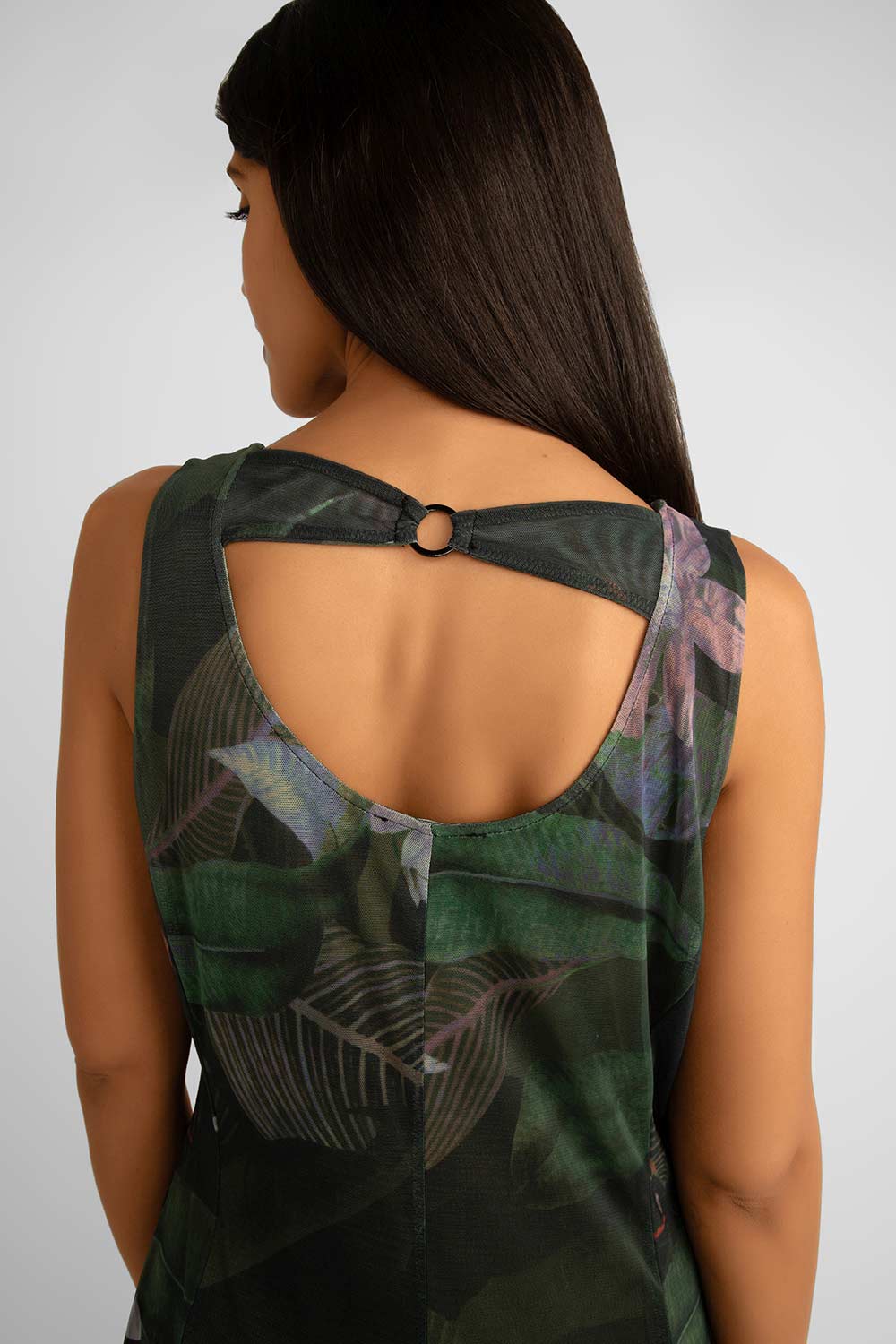 Close up of back strap detail on Picadilly (JN664AK) Women's Sleeveles Printed Mesh Maxi Dress in Dark artichoke green floral 