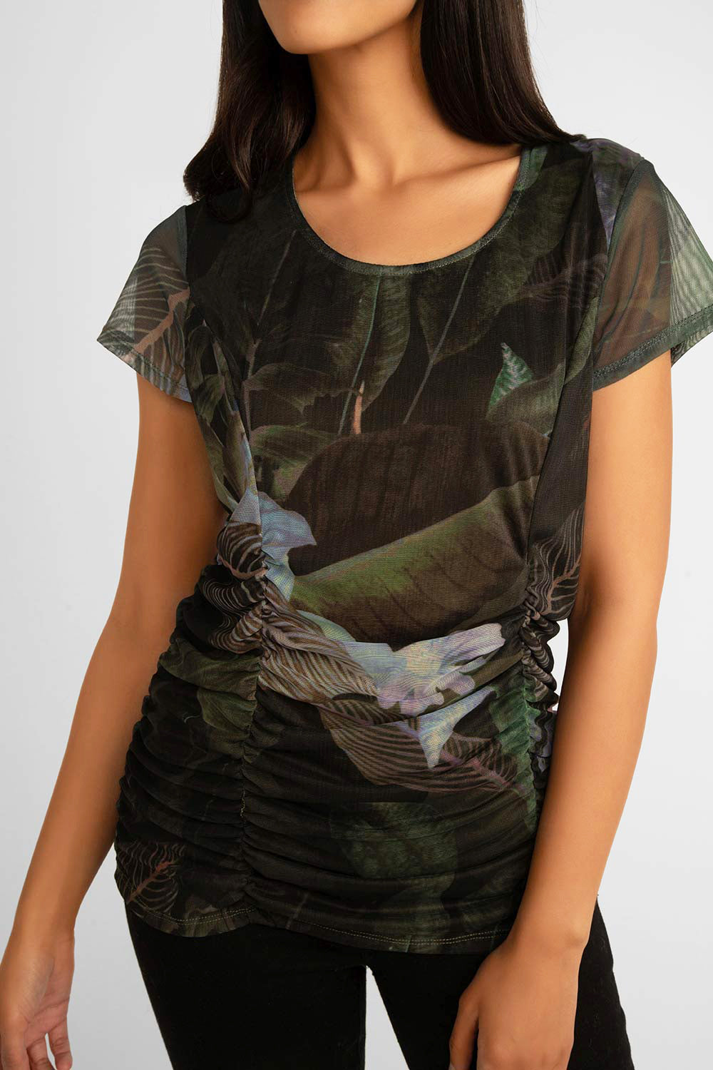 Close up front view of Picadily (JN708AK) Women's Short Sleeve Ruched Mesh Top in a Dark Green Floral Print