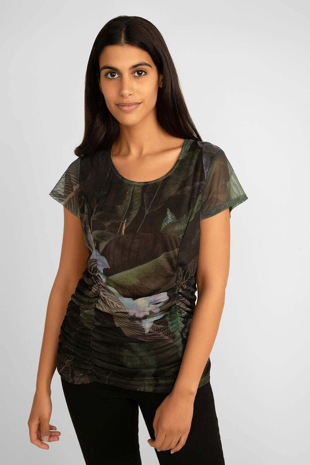 Front view of Picadily (JN708AK) Women's Short Sleeve Ruched Mesh Top in a Dark Green Floral Print