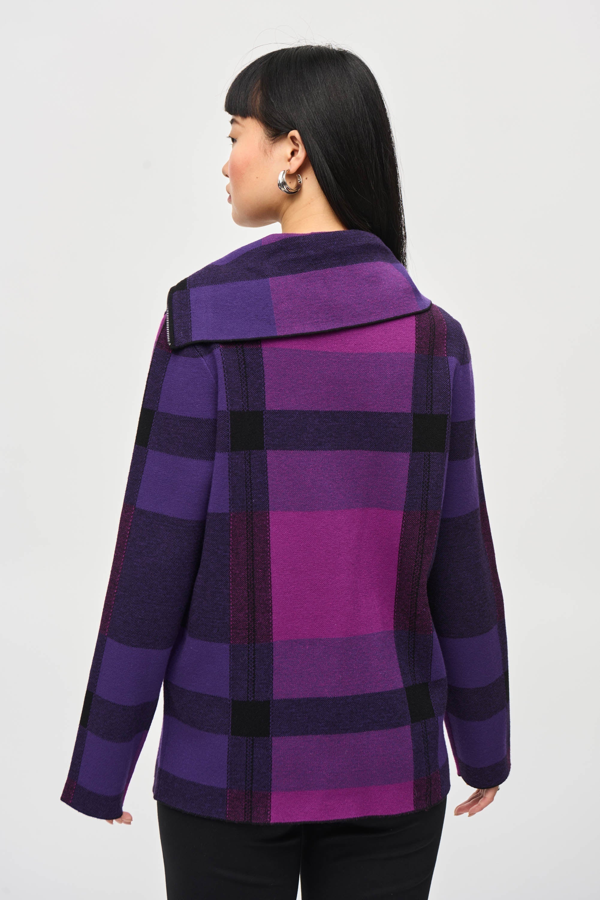 Joseph Ribkoff 243943 women's plaid print cowlneck sweater in empress purple