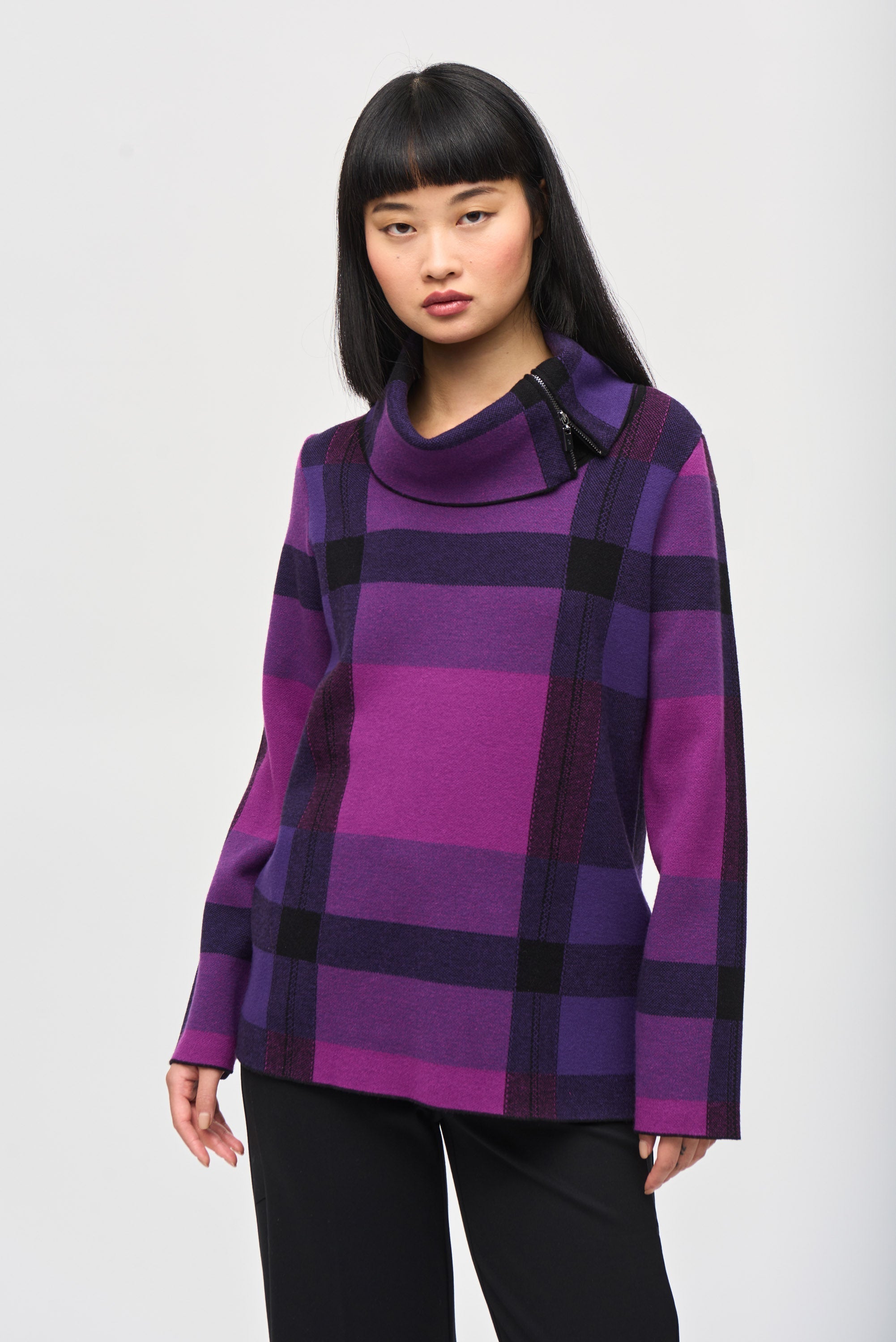 Joseph Ribkoff 243943 women's plaid print cowl neck sweater in empress purple 