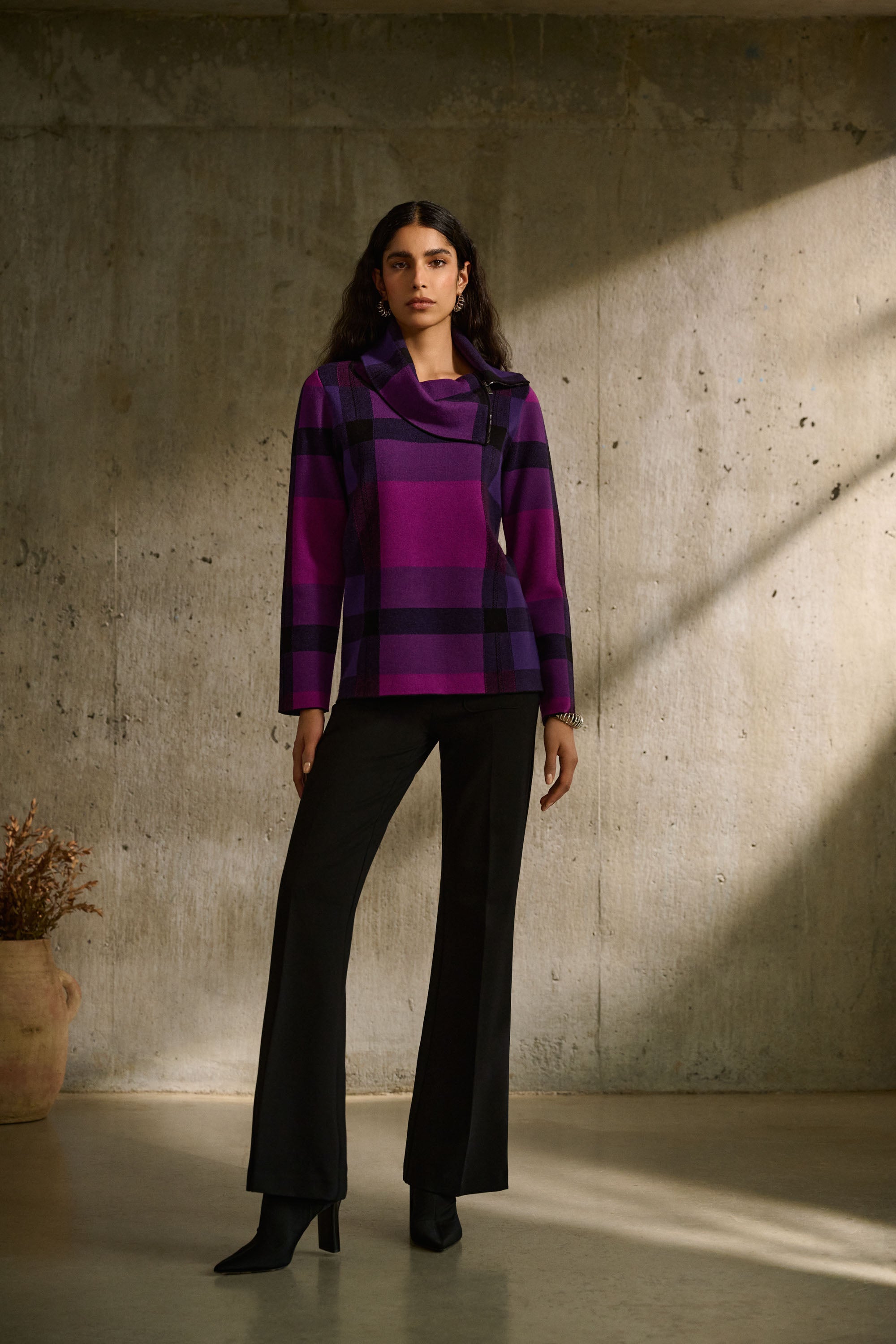 Joseph Ribkoff 243943 women's plaid print cowlneck sweater in empress purple paired with black flare pants