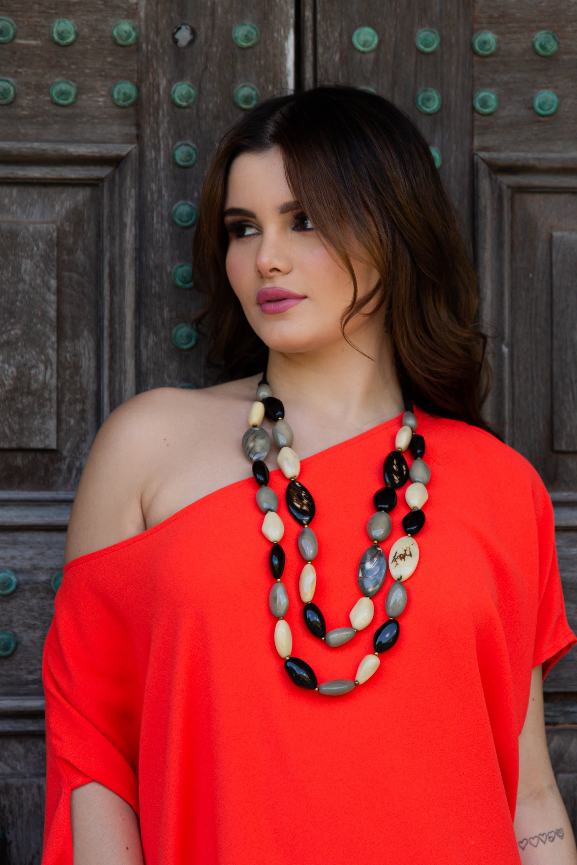 Organic Tague Jewellery - Jannie Necklace - Blue and brown double strand chunky beaded necklace