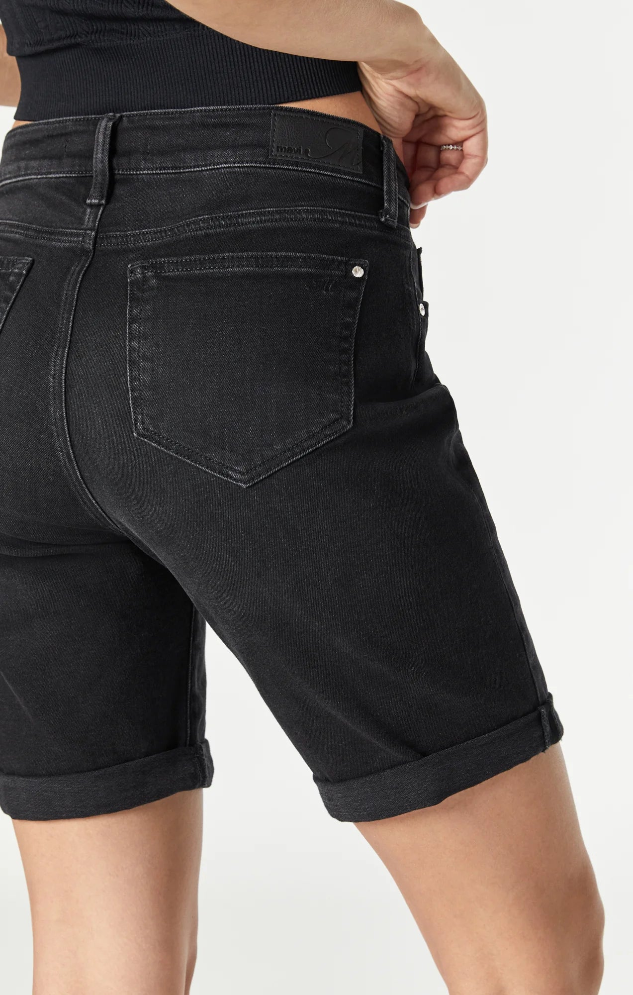 Close up back view of Mavi Jeans (M1441580904) Women's Alexi Bermuda Shorts in Smoke Vintage Black wash