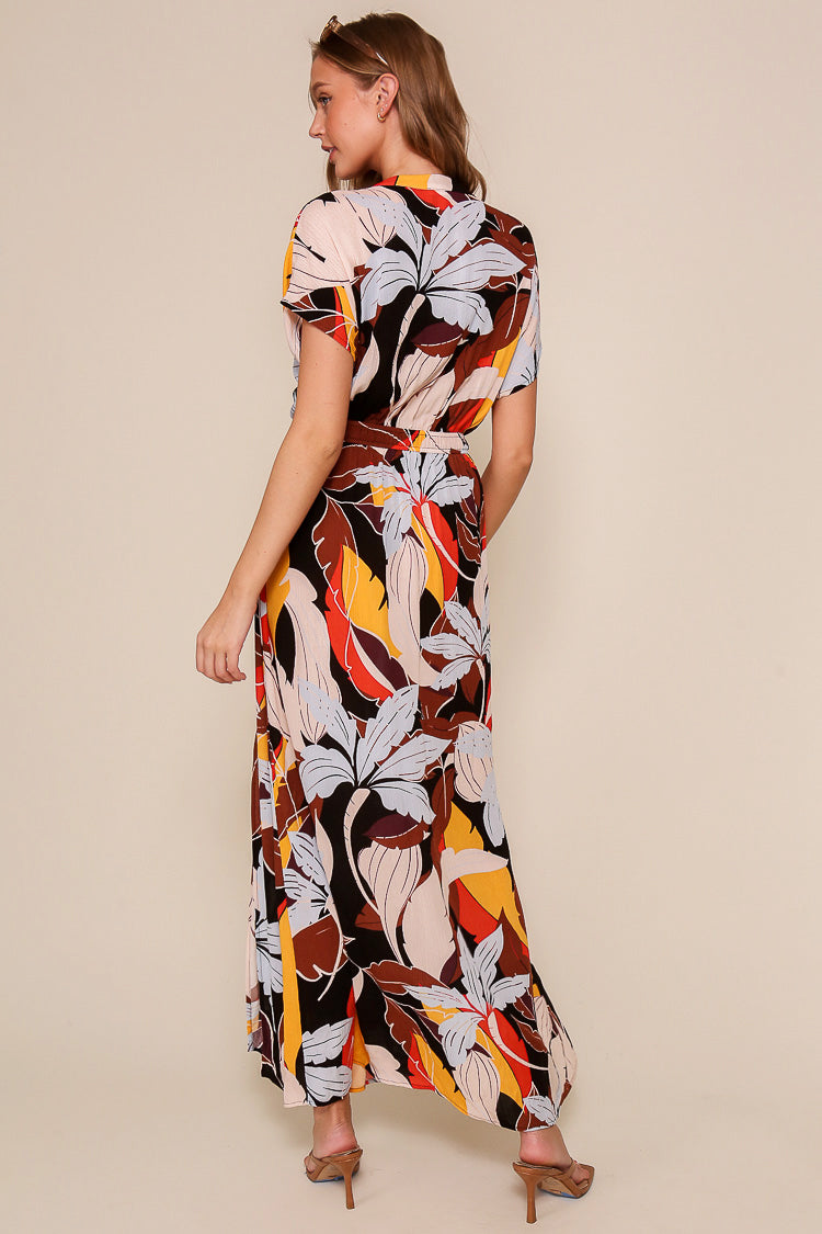 Back view of Timing (MD1572A) Women's Short Cap Sleeve Elastic Waist Maxi Dress With Plunging V-neck in Brown & Multi coloured foliage print