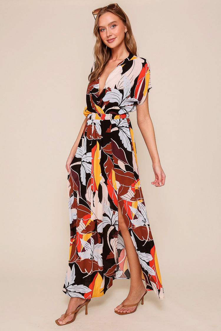 Front view of Timing (MD1572A) Women's Short Cap Sleeve Elastic Waist Maxi Dress With Plunging V-neck in Brown & Multi coloured foliage print