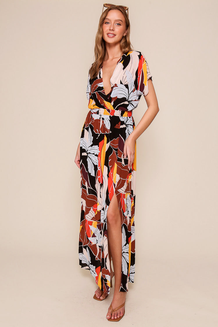 Timing (MD1572A) Women's Short Cap Sleeve Elastic Waist Maxi Dress With Plunging V-neck in Brown & Multi coloured foliage print