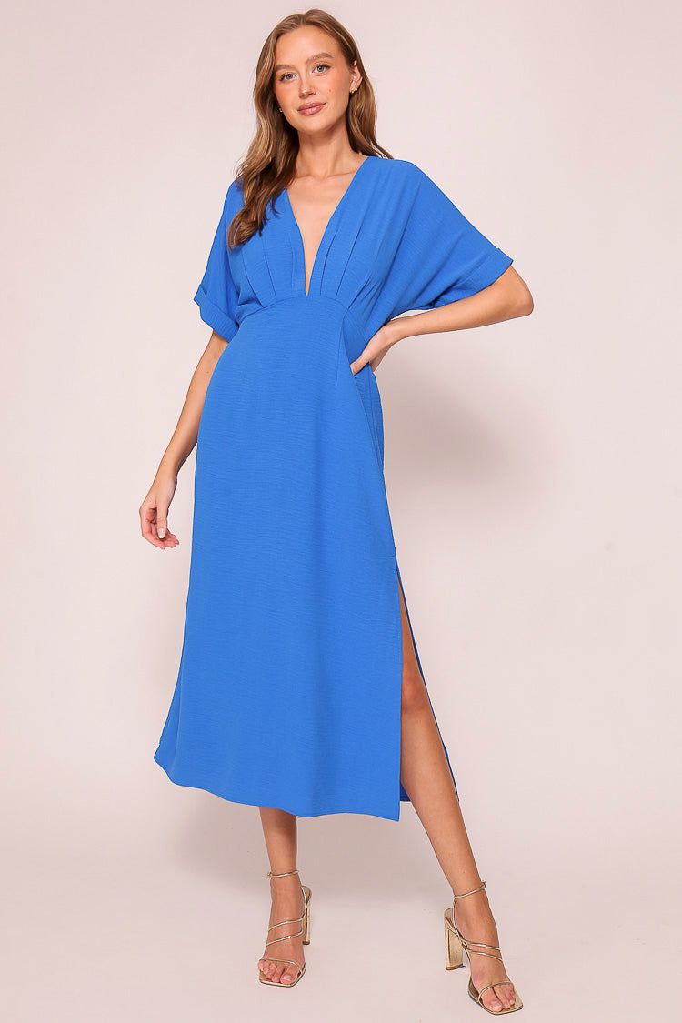 Short Sleeve Pleated Maxi Dress with Back Tie