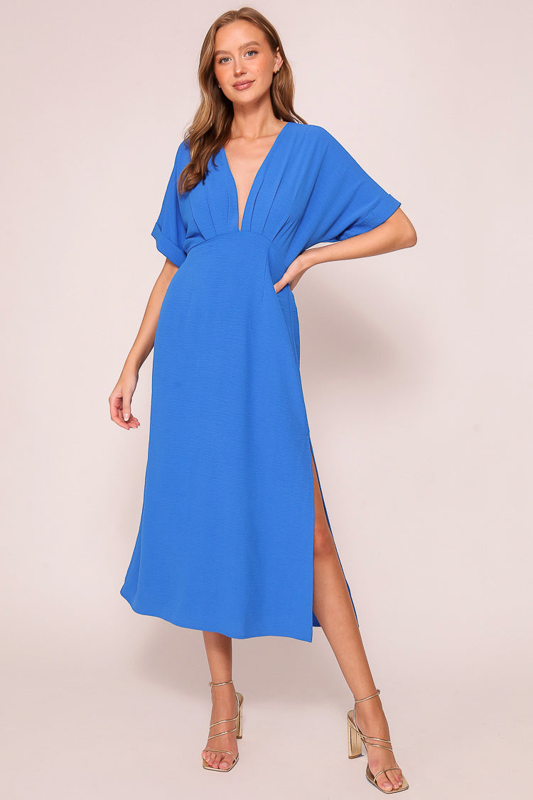 Timing (MD1924) Women's Short Sleeve Pleated Midi Dress with Plunging V-neck and back with Back Tie in Blue