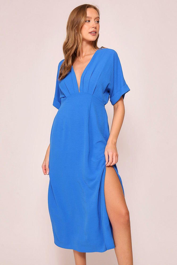 Timing (MD1924) Women's Short Sleeve Pleated Midi Dress with Plunging V-neck and back with Back Tie in Blue
