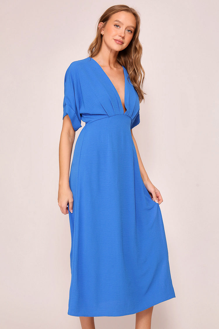 Front view of Timing (MD1924) Women's Short Sleeve Pleated Midi Dress with Plunging V-neck and back with Back Tie in Blue
