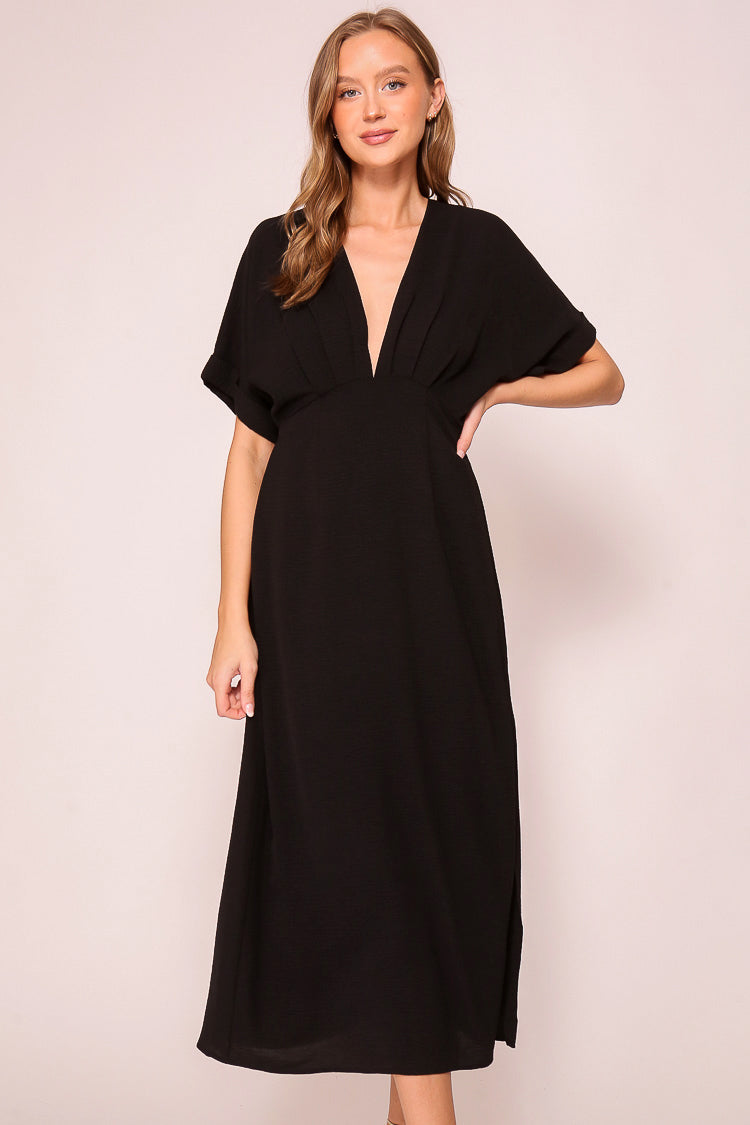 Timing (MD1924) Women's Short Sleeve Pleated Midi Dress with Plunging V-neck and back with Back Tie in Black