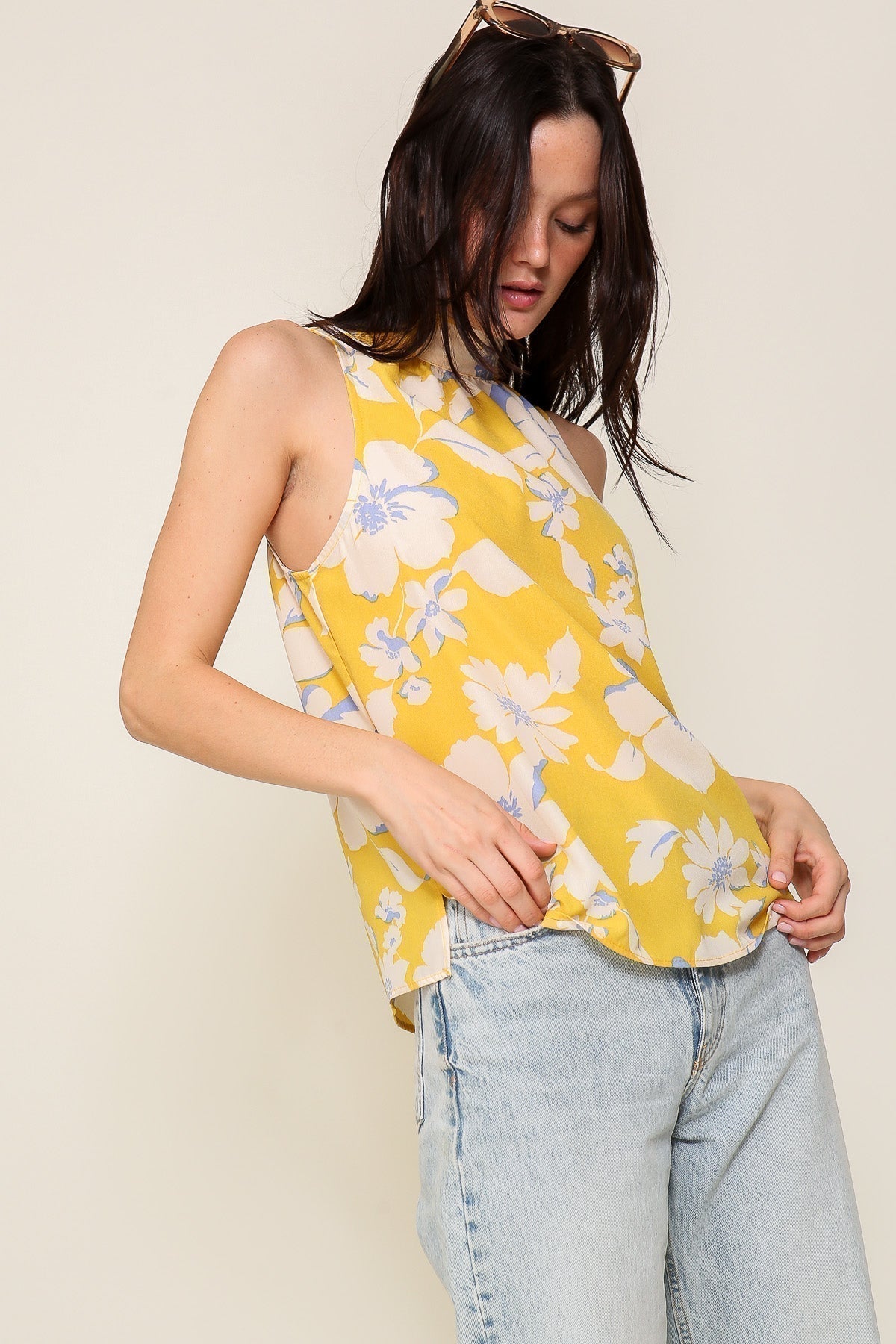 High Neck Floral Print Sleeveless Top