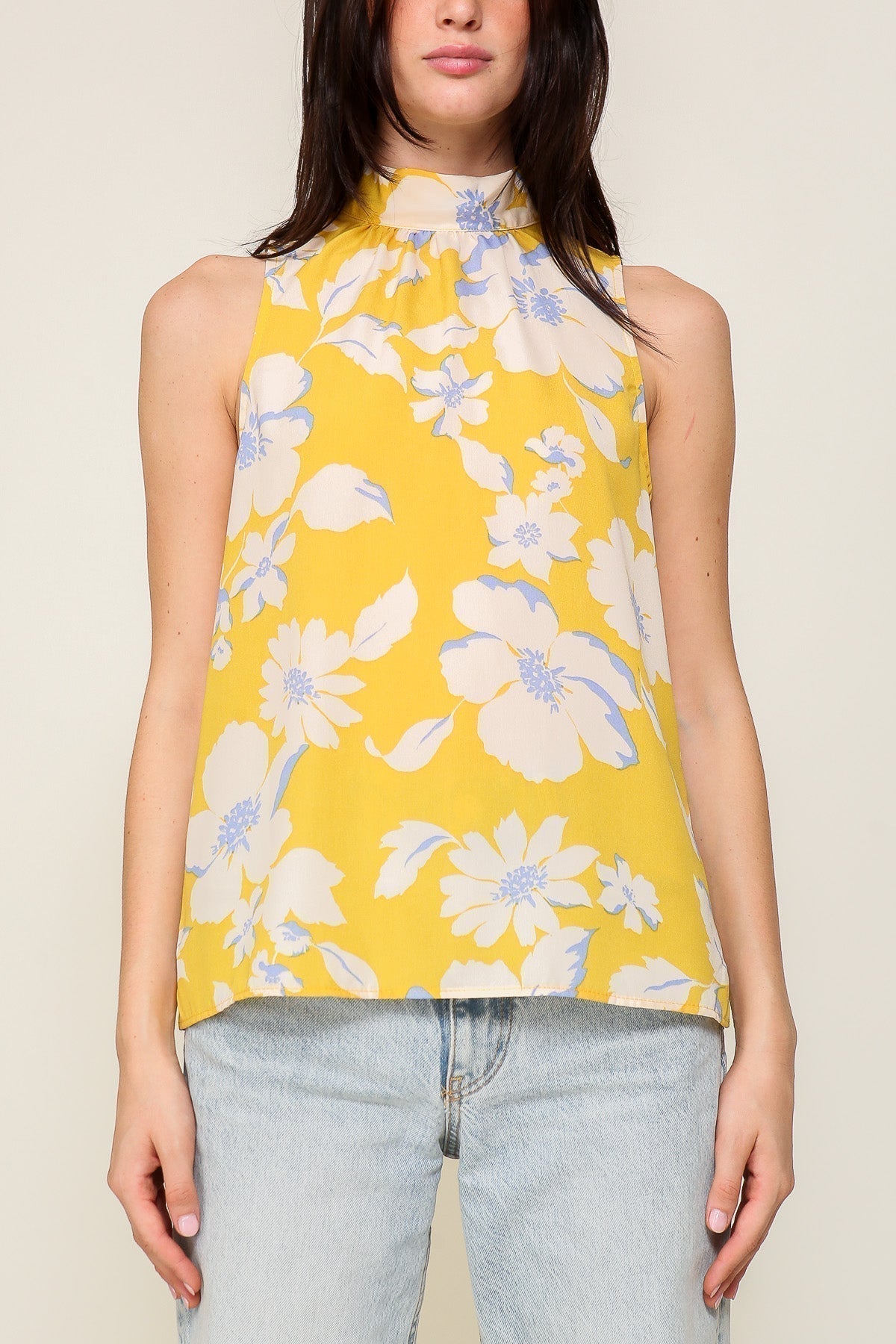 Timing (MN9462R23) Women's Sleeveles High Neck Floral Print Sleeveless Top in Yellow and Cream print