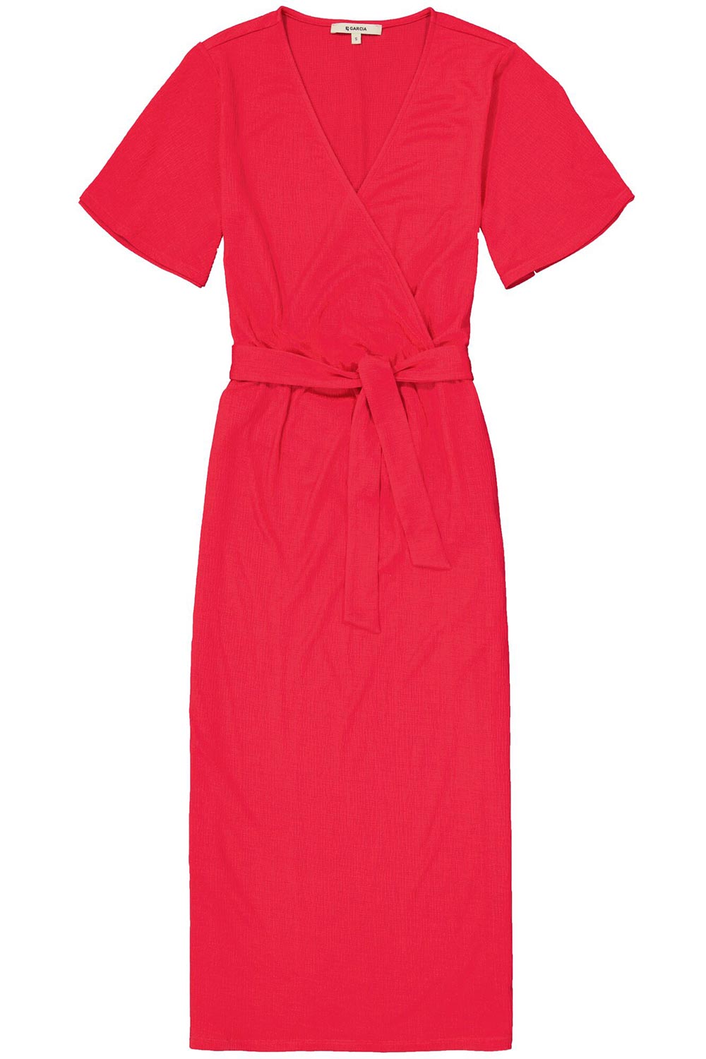 Garcia (O40081) Women's Short Bell Sleeve Faux Wrap Dress In a Vibrant Pink & Textured Fabric