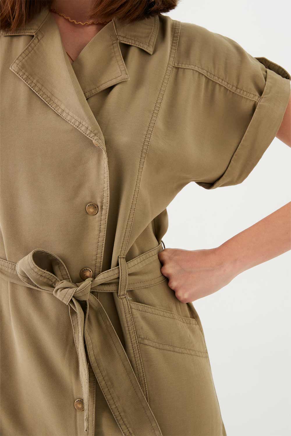 Front close up of Garcia (O400871) Women's Short Sleeve Belted Khaki Mine Dress, With Snap Open and Notched Collar