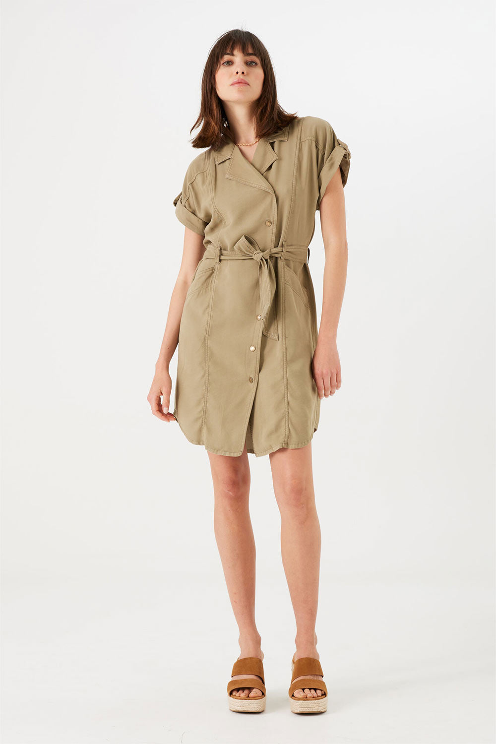 Front of Garcia (O400871) Women's Short Sleeve Belted Khaki Mine Dress, With Snap Open and Notched Collar