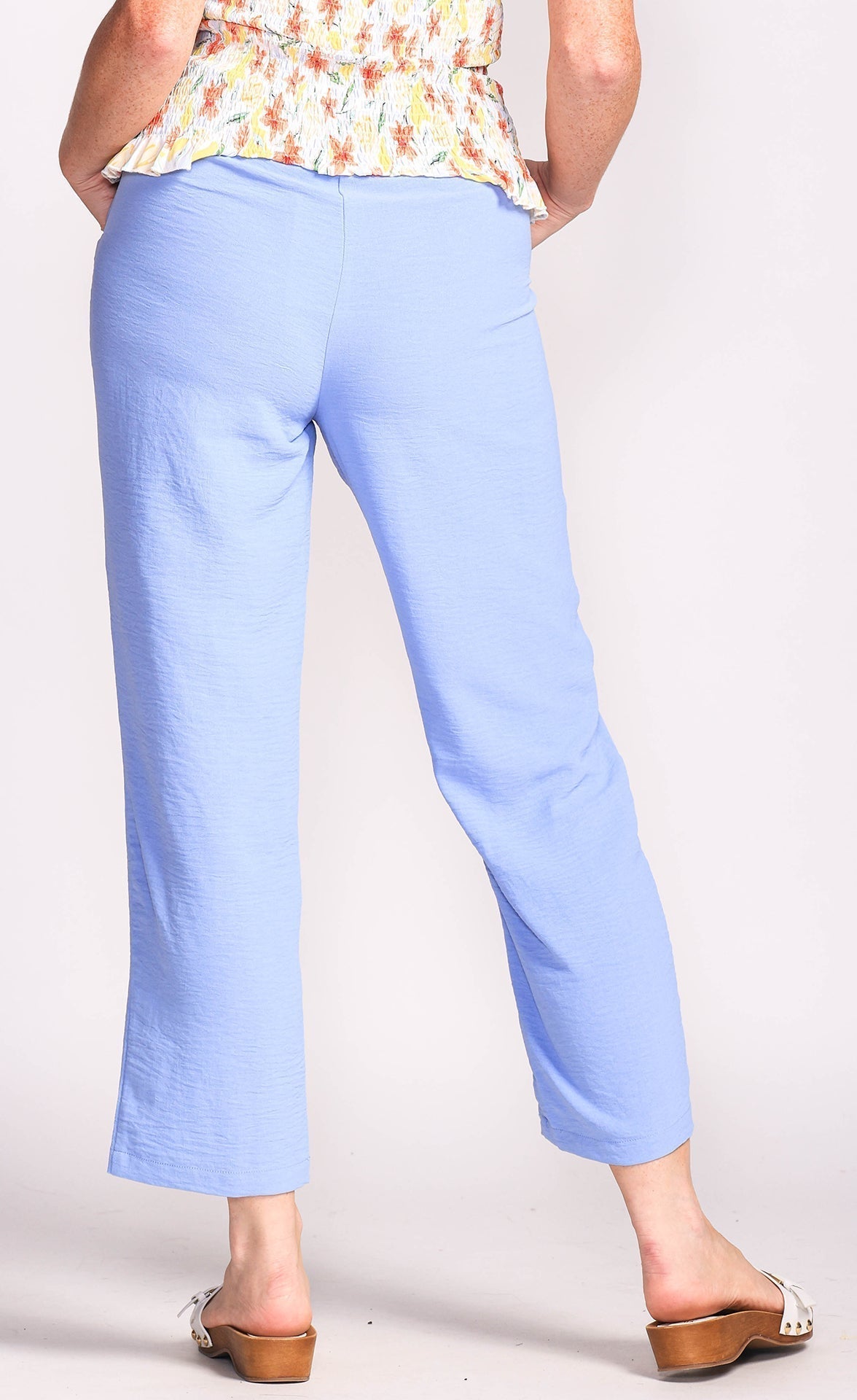 Back view of Pink Martini (PA-6913041) Maxine Pants - Women's Drawstring Cropped Straight Leg Pants in Light Blue