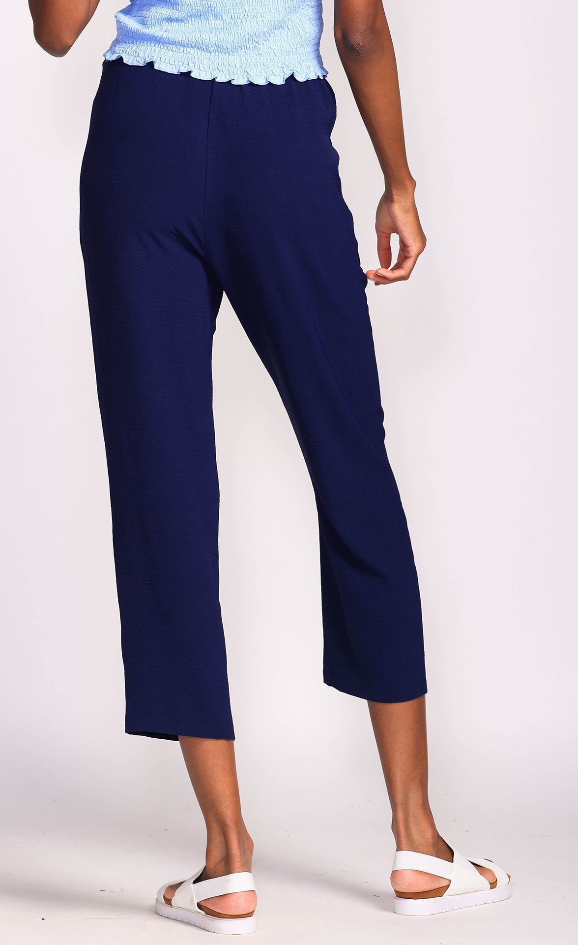 Back view of Pink Martini (PA-6913041) Maxine Pants - Women's Drawstring Cropped Straight Leg Pants in Navy Blue