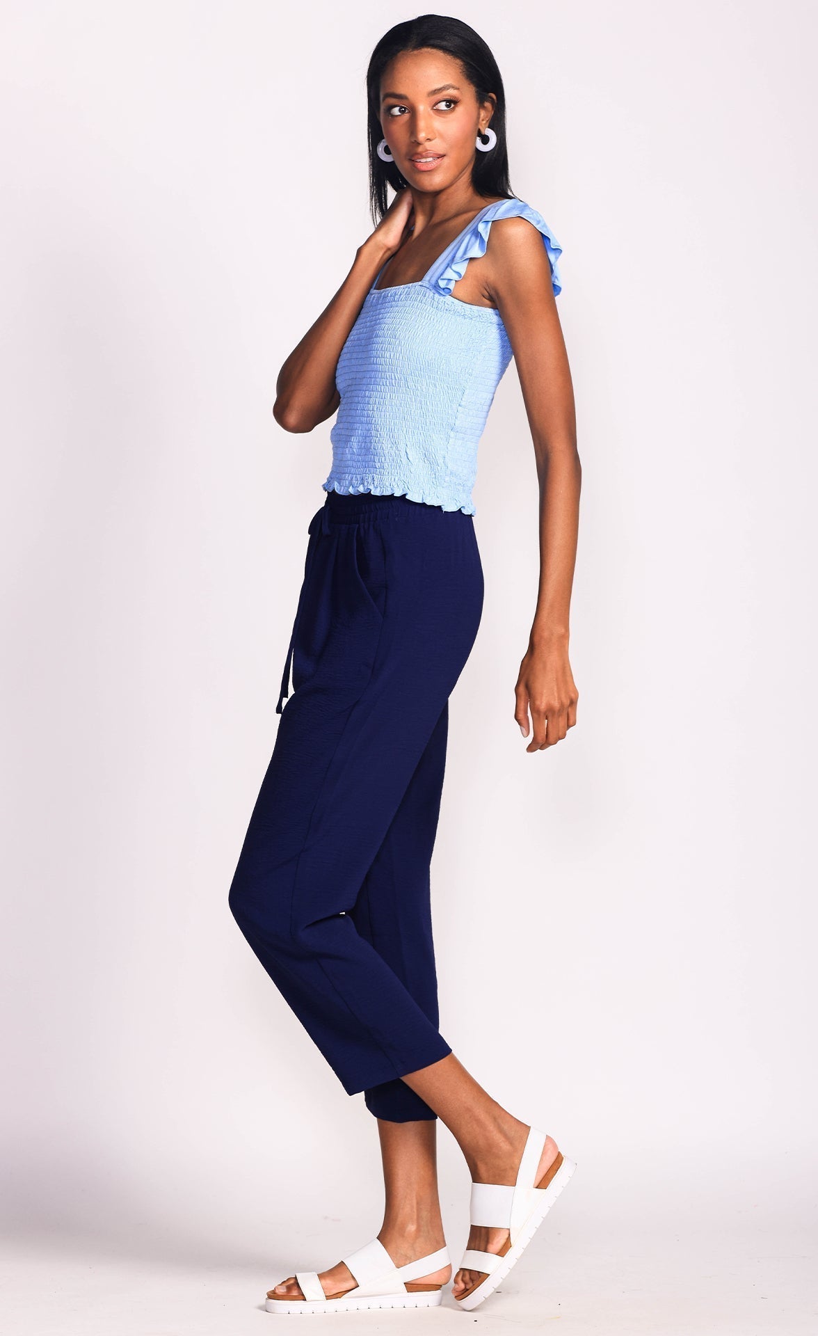 Side view of Pink Martini (PA-6913041) Maxine Pants - Women's Drawstring Cropped Straight Leg Pants in Navy Blue