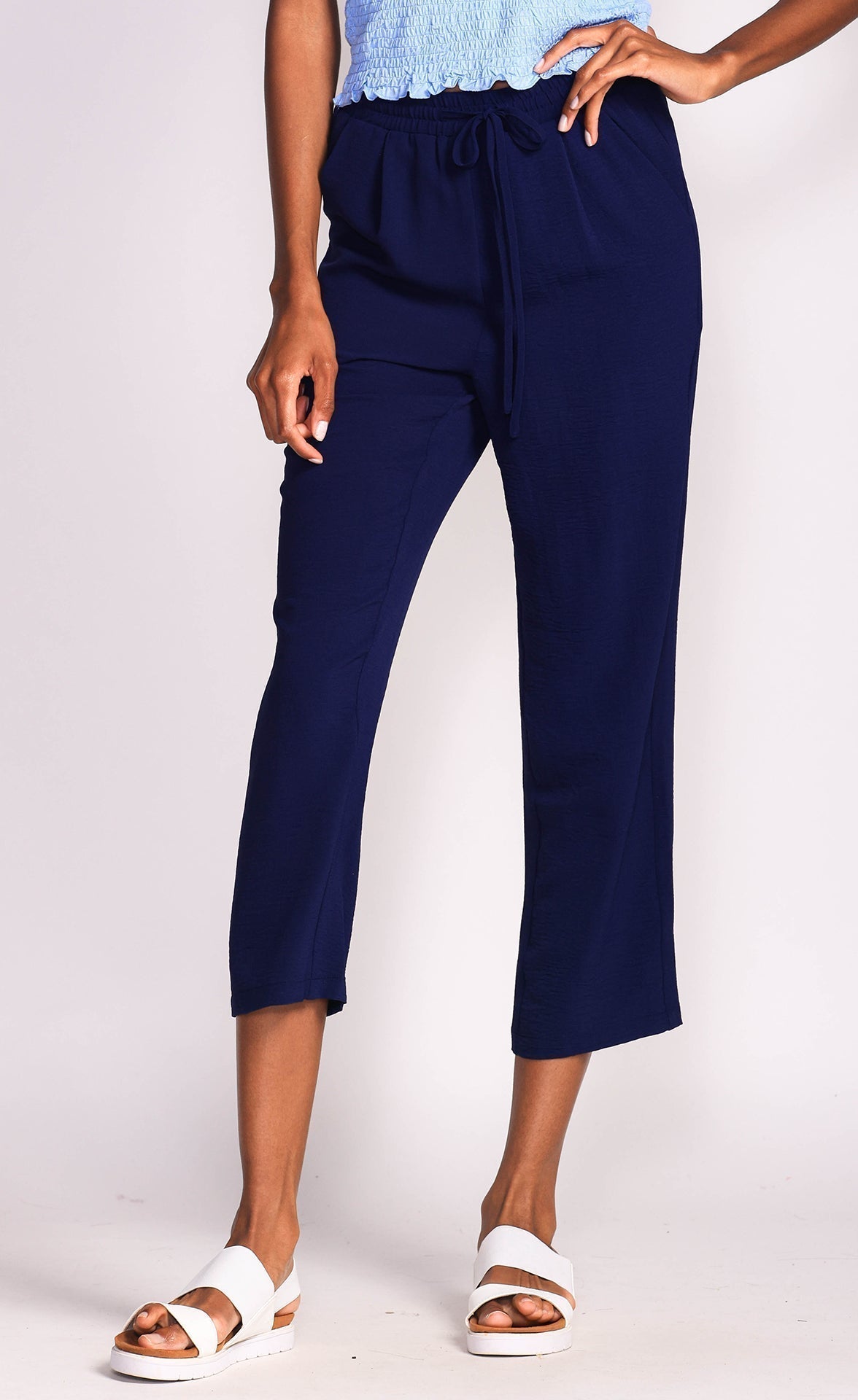 Pink Martini (PA-6913041) Maxine Pants - Women's Drawstring Cropped Straight Leg Pants in Navy Blue