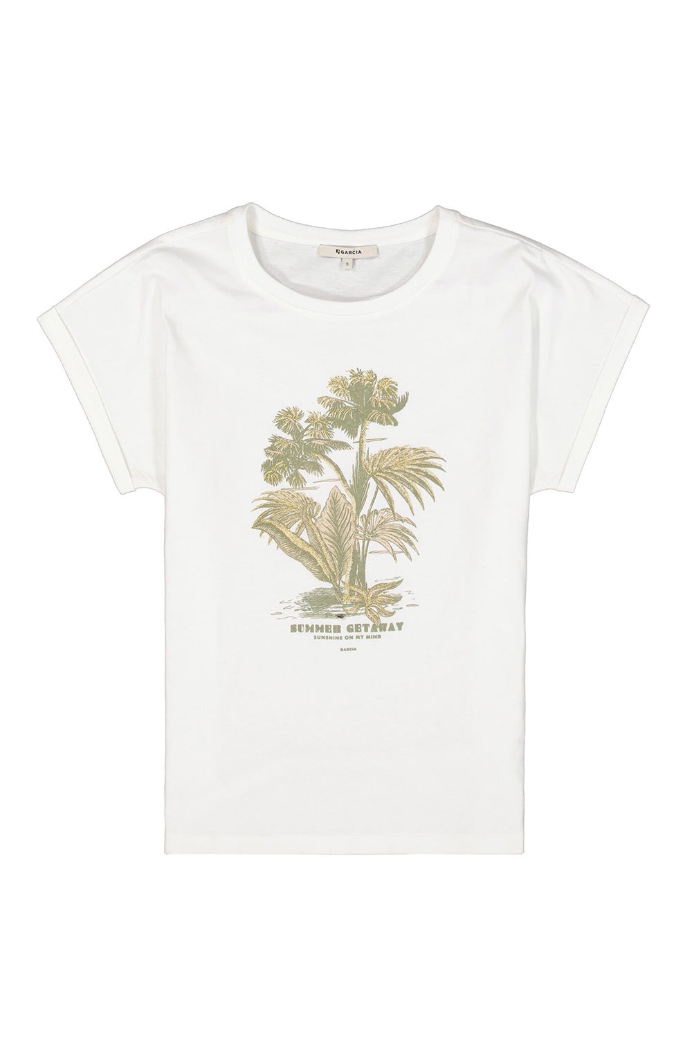 Garcia (Q40015) Women's Short Sleeve Palm Tree Graphic Tee With Golden Embroidery Accents in White
