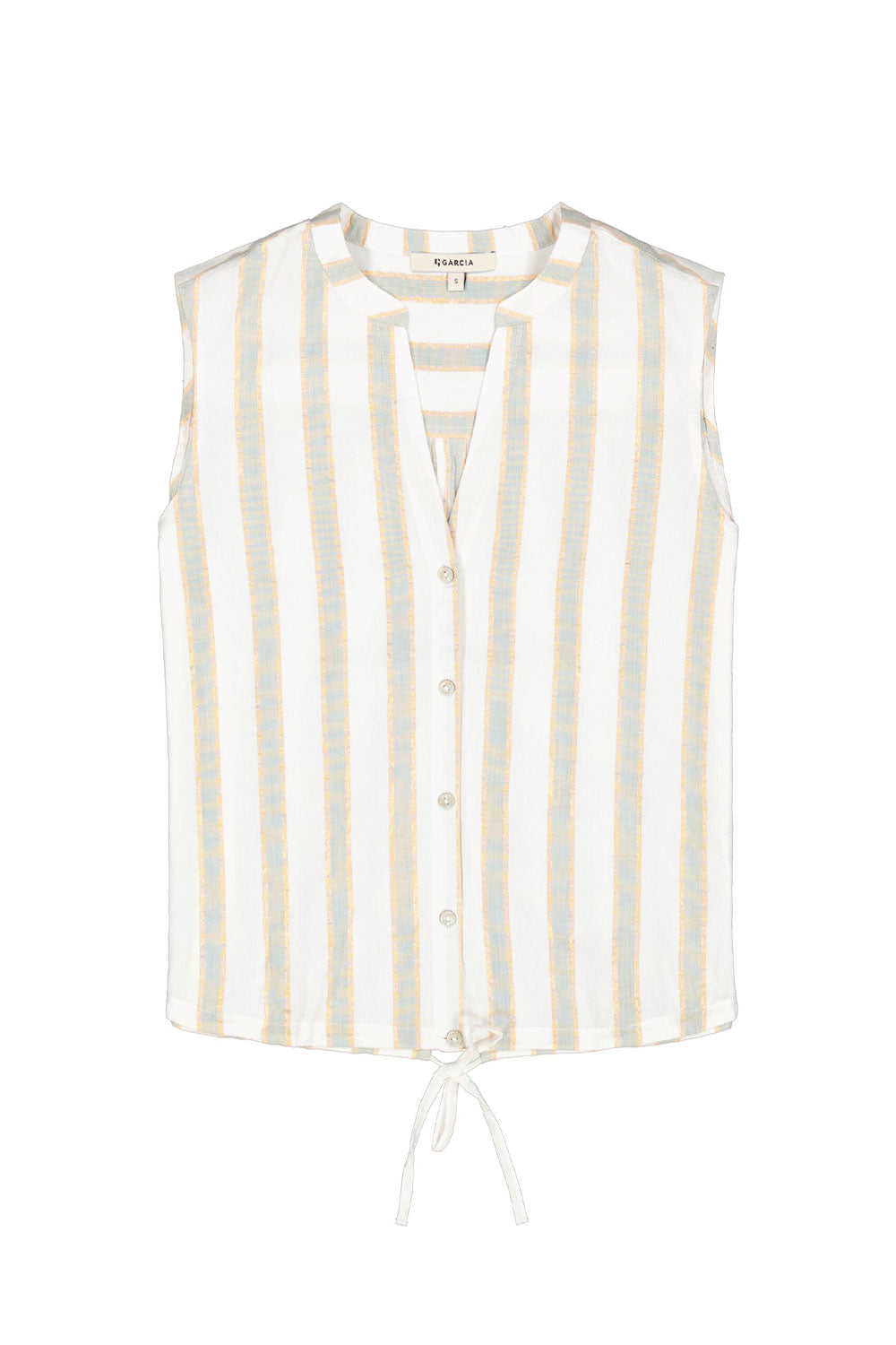 Garcia (Q40033) Women's Sleeveless Button Up Blouse with Tie Waist and Split V-neck in Cream, Pastel Green and Golden Lurex Stripes