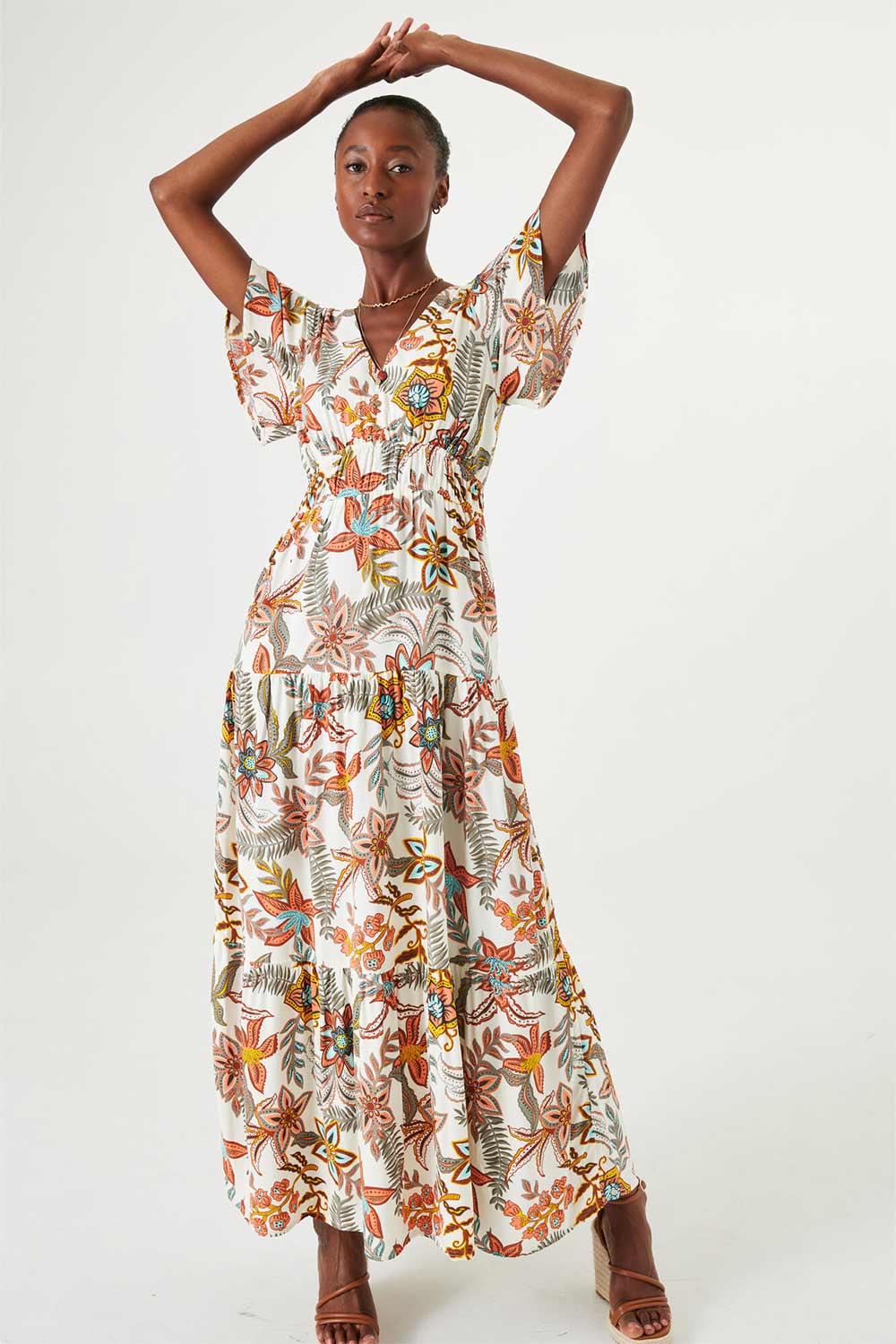 Front view of Garcia (Q40087) Women's Short Flounce Sleeve Retro Orange Floral Printed Maxi Dress