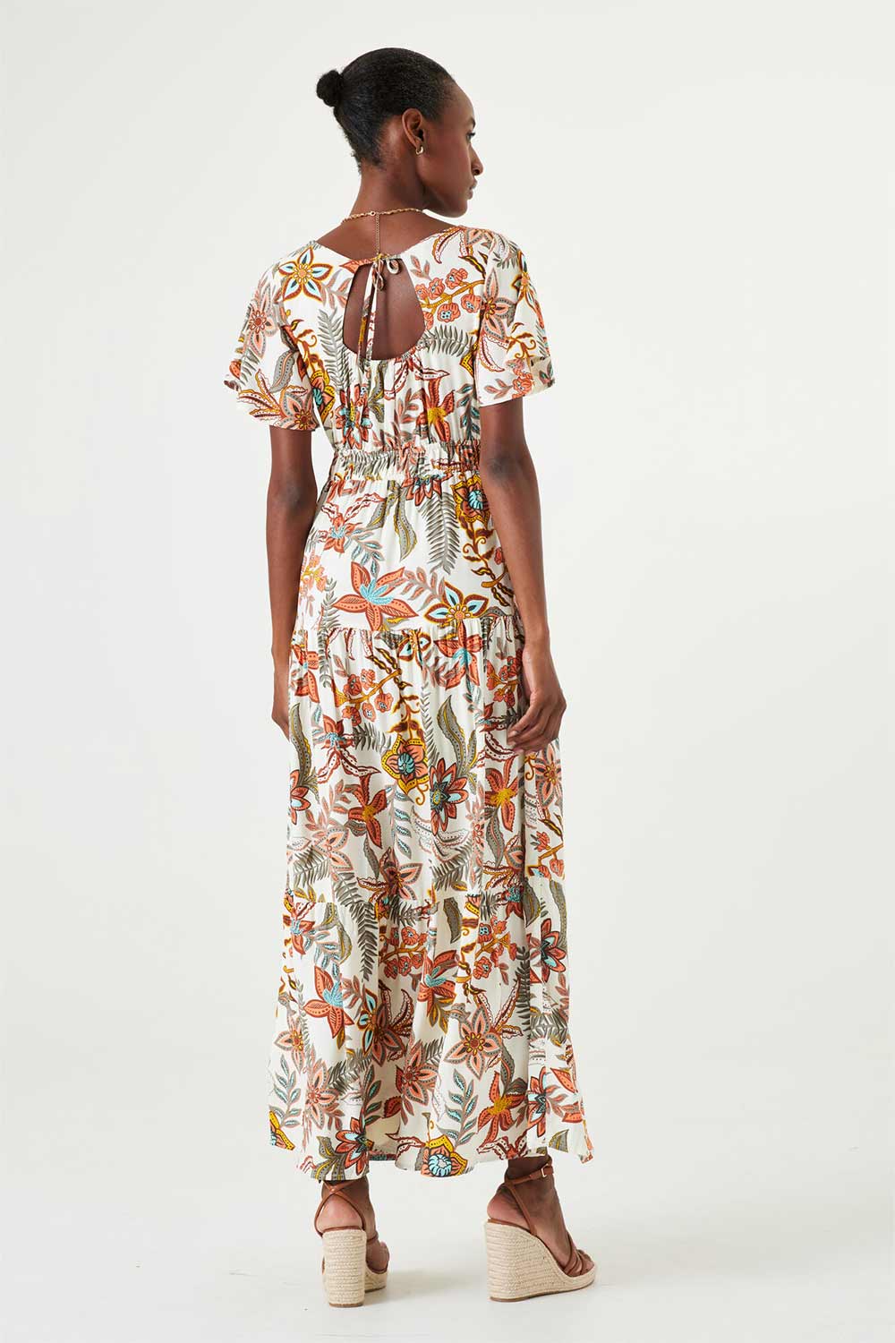 Back view of Garcia (Q40087) Women's Short Flounce Sleeve Retro Orange Floral Printed Maxi Dress