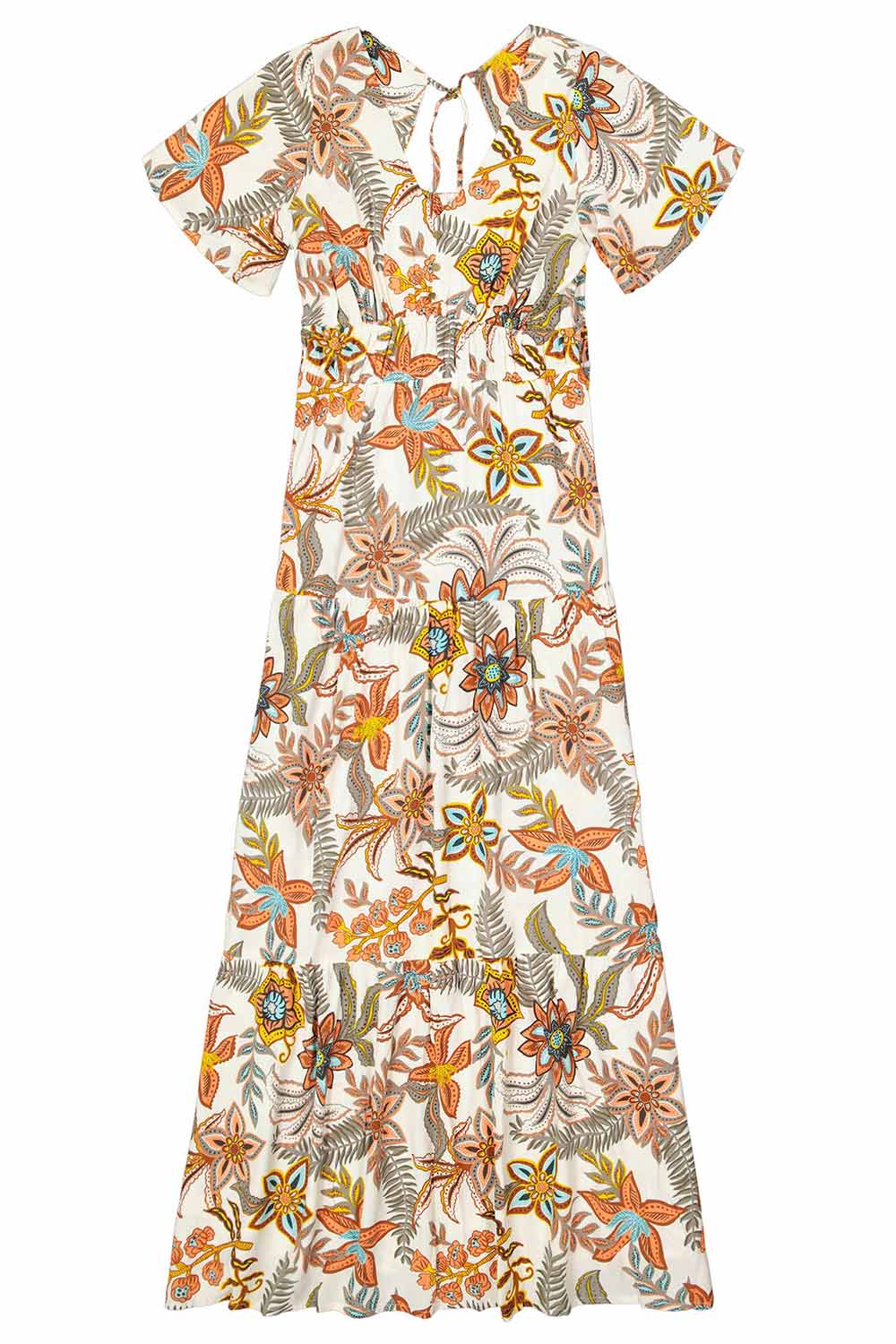 Garcia (Q40087) Women's Short Flounce Sleeve Retro Orange Floral Printed Maxi Dress
