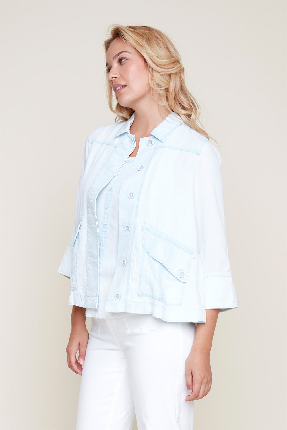 Renuar (R3806-E2142) Women's 3/4 Sleeve Button Front Tencel Jacket with Shirt Collar in Bleached Wash Blue