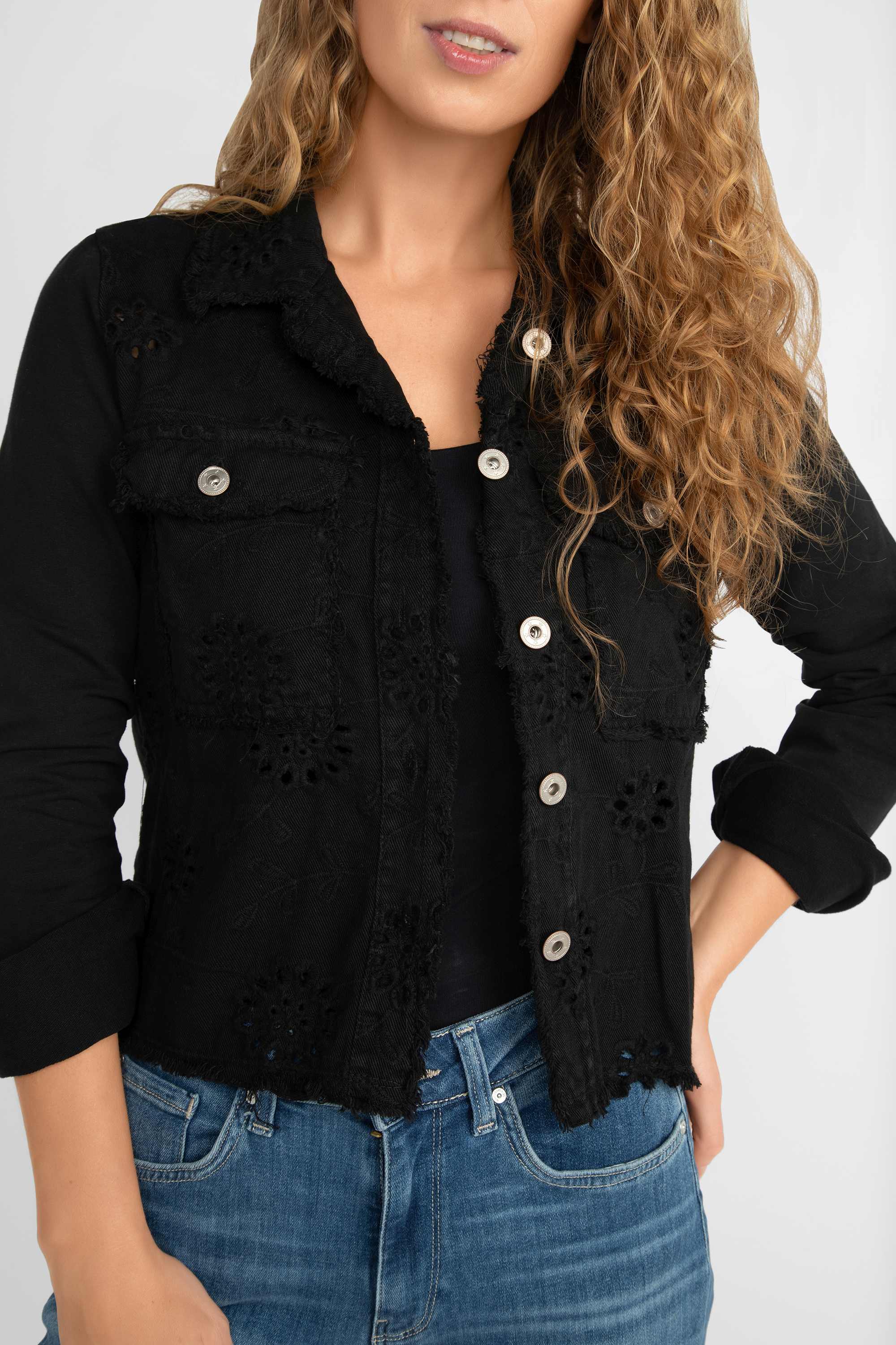 Femme Fatale (S1-23JKT) Women's Long Sleeve, Button Up Eyelet Lace Jean Jacket in Black