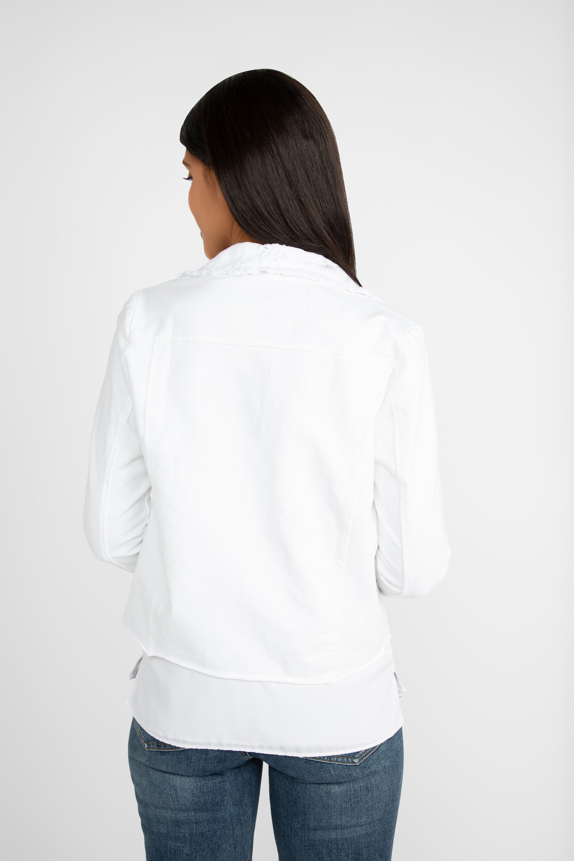 Femme Fatale (S1-23JKT) Women's Long Sleeve, Button Up Eyelet Lace Jean Jacket in White