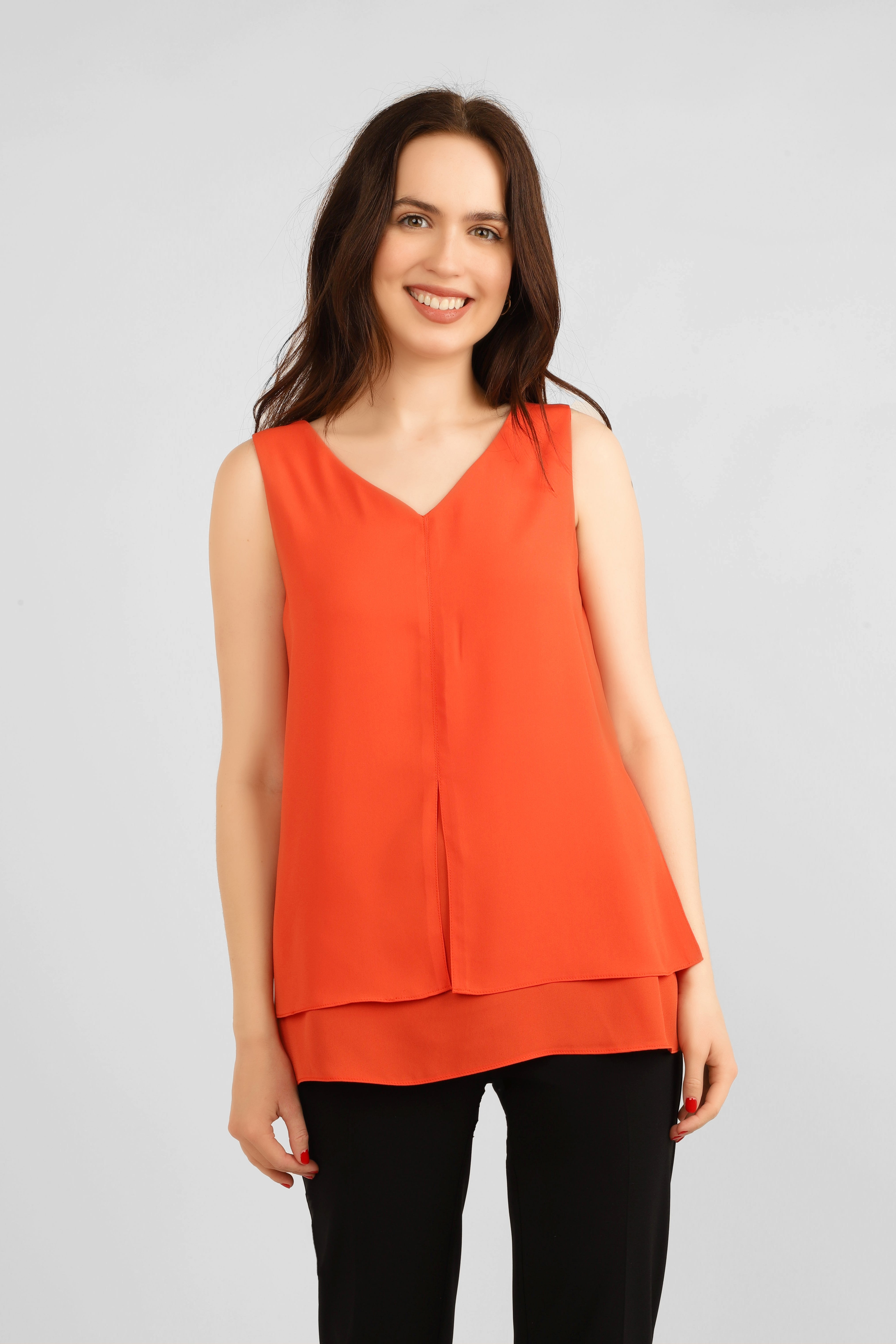 Frank Lyman (214326) Women's Sleeveless V-Neck Georgette Top in POPPY