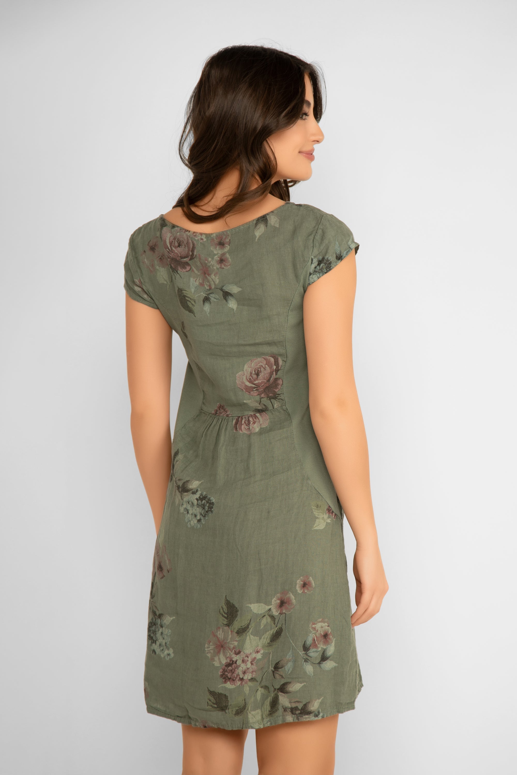 Back view of Me & Gee (19-7159) Women's Short Cap Sleeve Rose Print Line Mini Dress with Pockets in Military