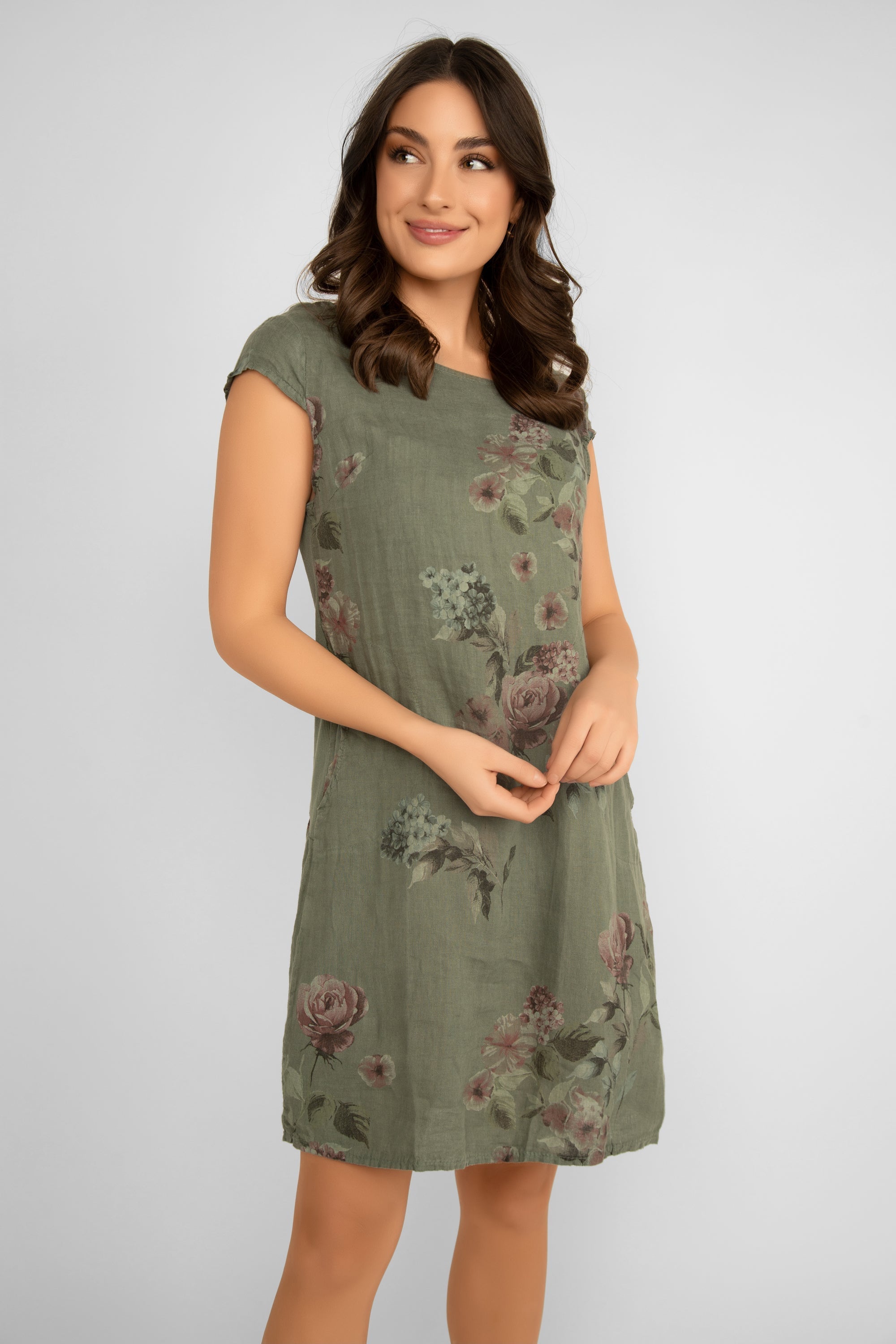 Me & Gee (19-7159) Women's Short Cap Sleeve Rose Print Line Mini Dress with Pockets in Military