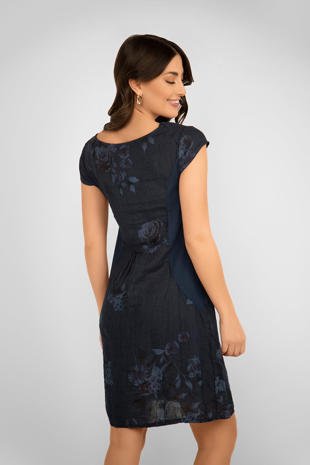 Back view of Me & Gee (19-7159) Women's Short Cap Sleeve Rose Print Line Mini Dress with Pockets in Navy 