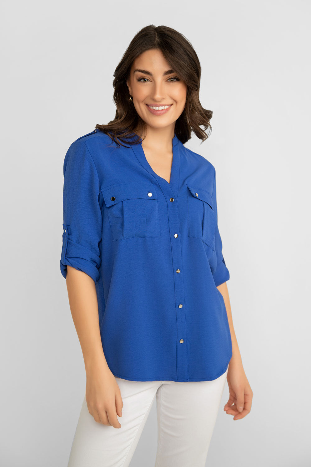 Button Up Blouse with Roll Tab Sleeves