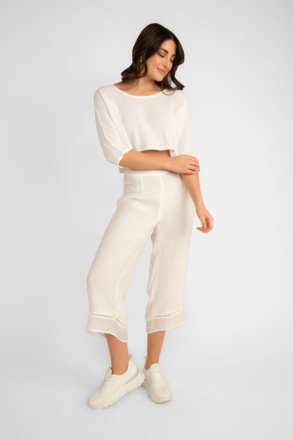 Wide Leg Cropped Pants With Ladder Lace Detail