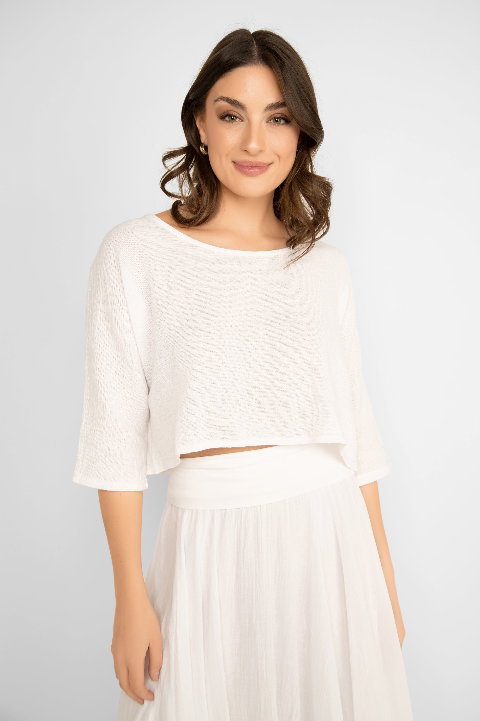 Me & Gee (L-6551) Women's 3/4 Sleeve Cotton Crop Top with Boat Neck in White