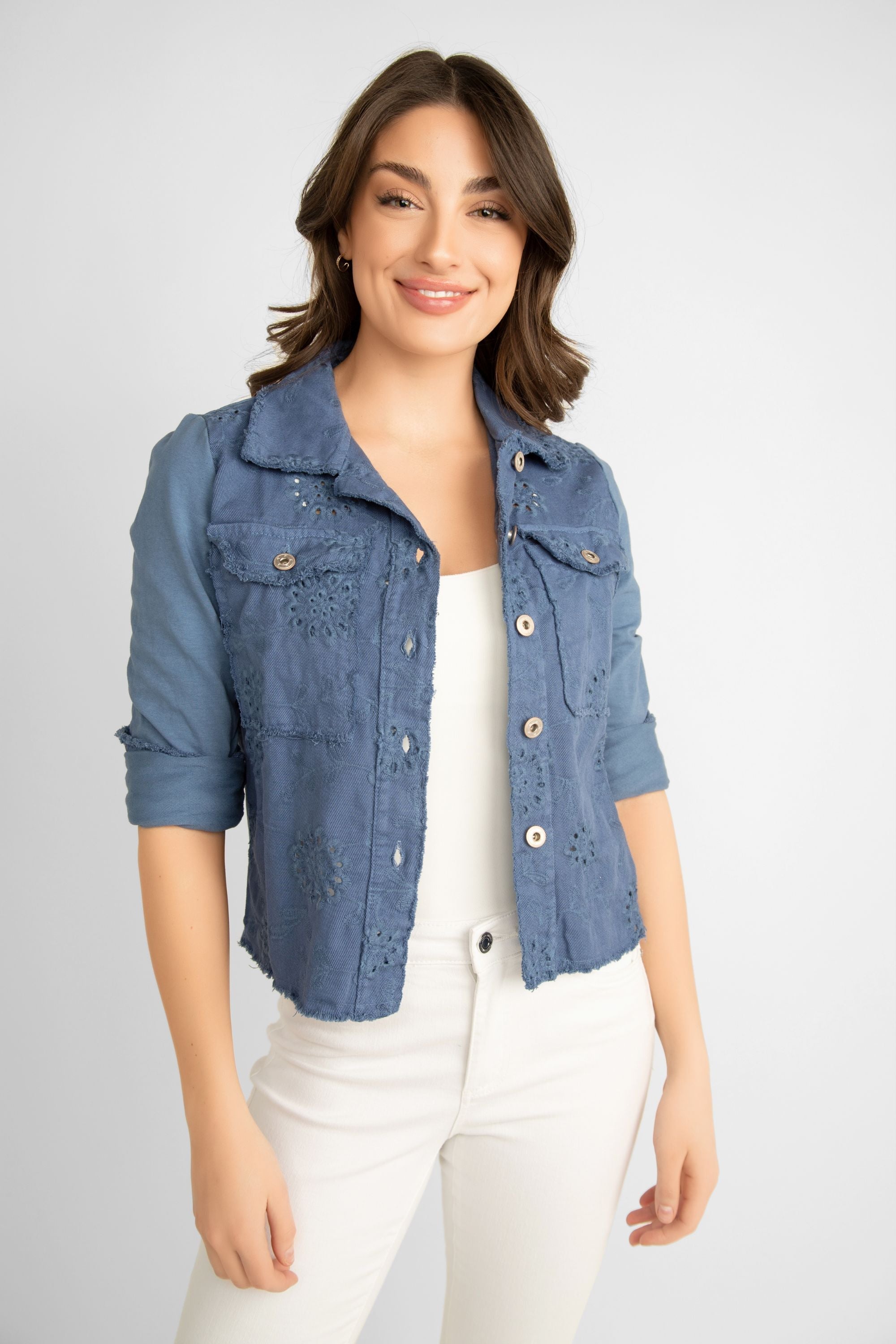 Femme Fatale (S1-23JKT) Women's Long Sleeve, Button Up Eyelet Lace Jean Jacket in Indigo Blue