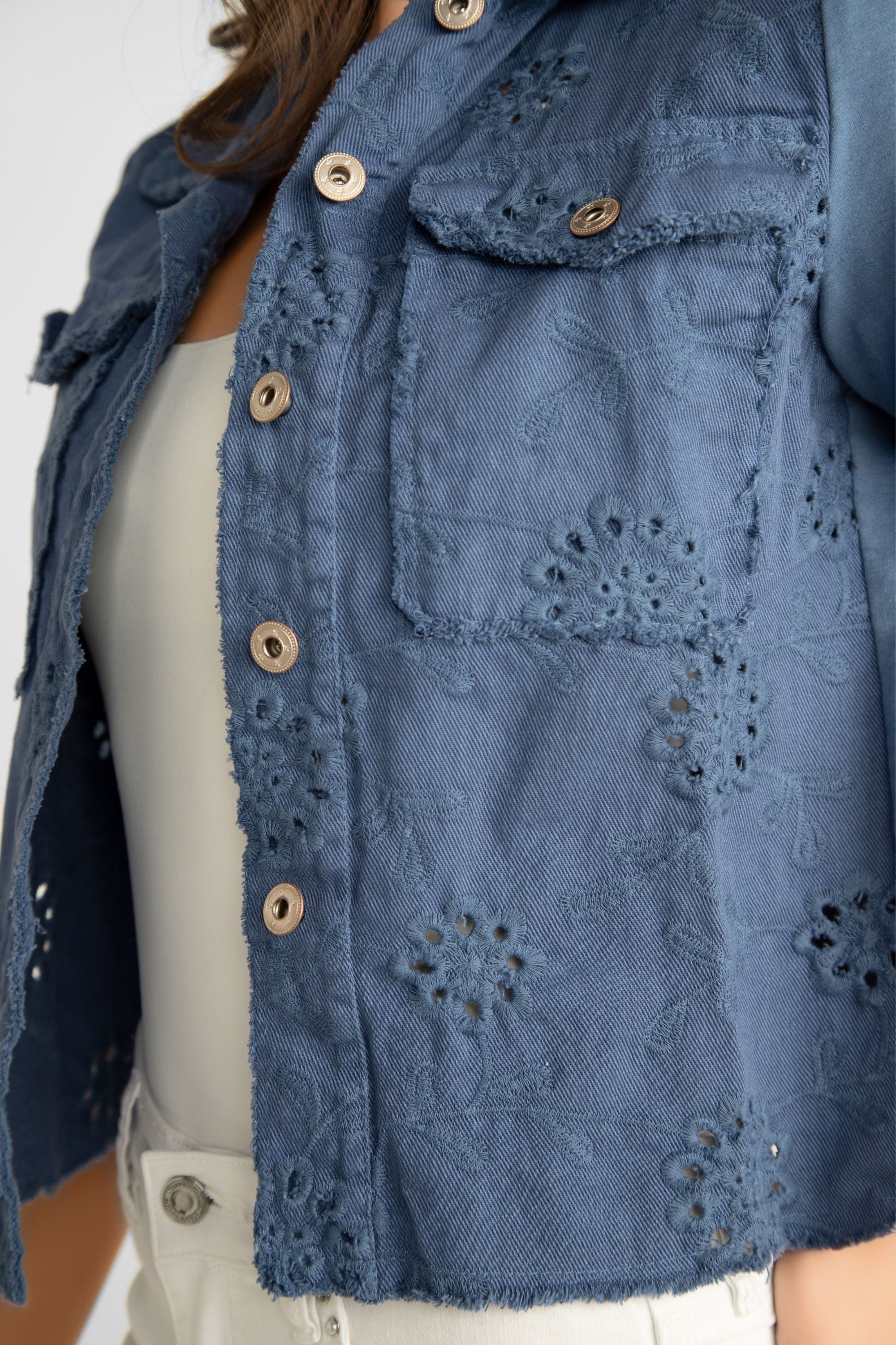 Femme Fatale (S1-23JKT) Women's Long Sleeve, Button Up Eyelet Lace Jean Jacket in Indigo Blue