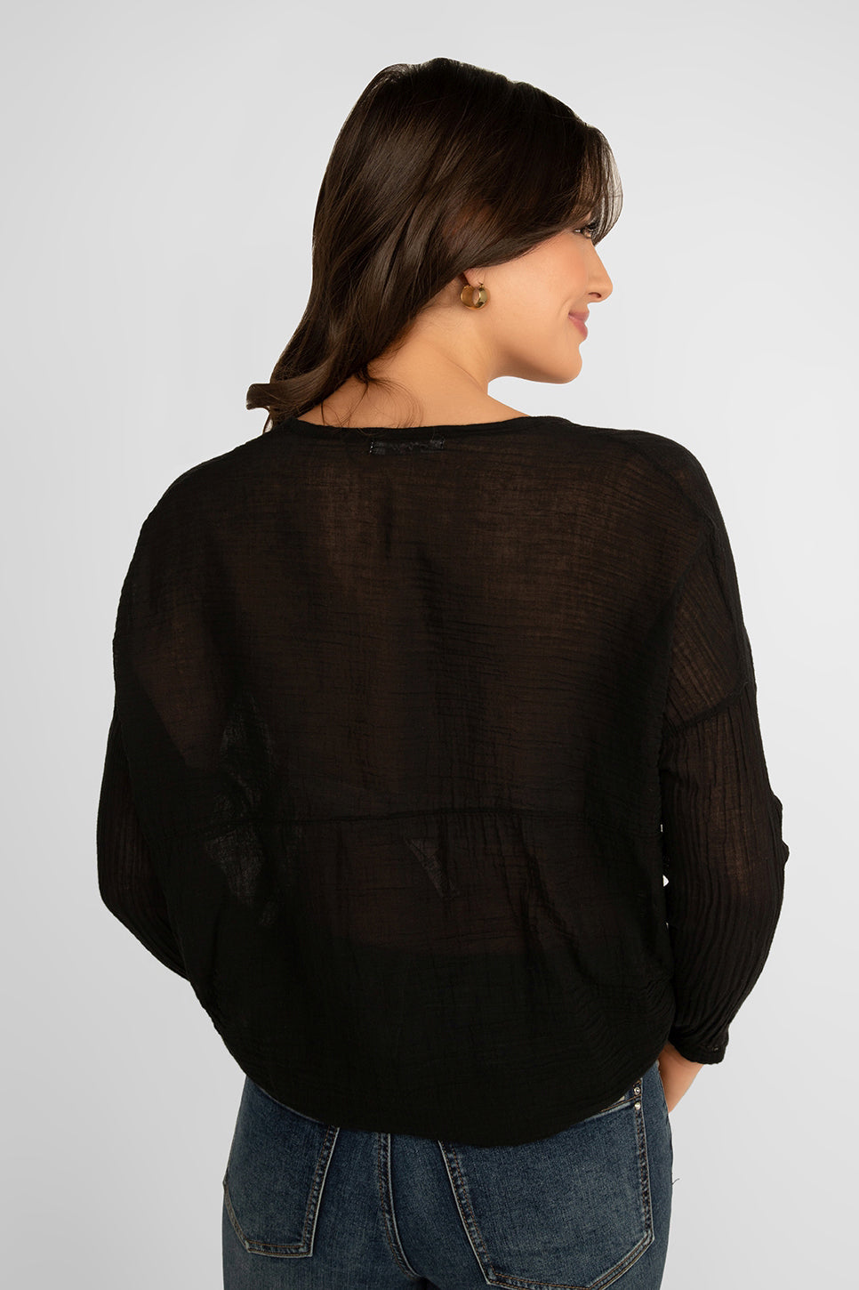 Back view of Julietta (10-A3320-M2) Women's Long Sleeve Button up Tie Front Blouse with Split V-Neck in Black