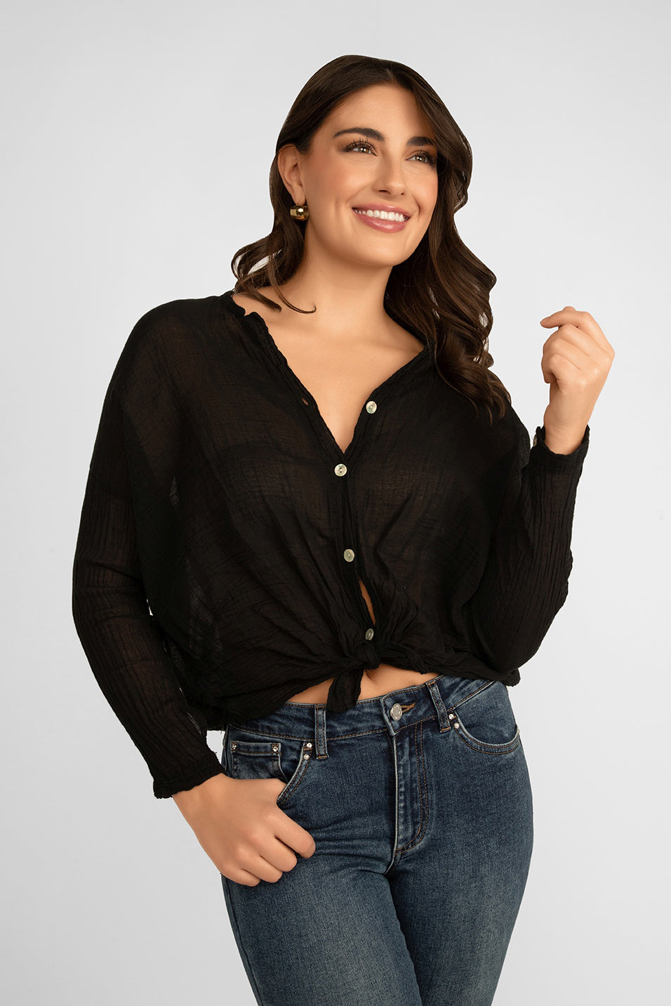 Julietta (10-A3320-M2) Women's Long Sleeve Button up Tie Front Blouse with Split V-Neck in Black