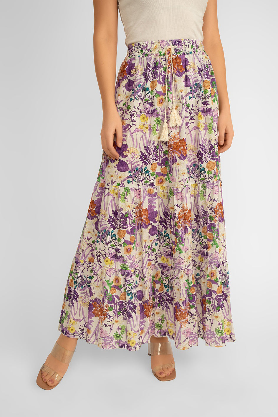 Front view of Juilietta (H2142-M32_A3320-M2) Women's Maxi  Length Tiered Skirt in a Purple and multi-coloured floral print